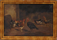 Antique American Realist Animal Portrait Framed Turkey Barn Signed Oil Painting