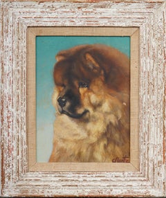 Antique American Realist Chow Chow Dog Portrait Framed Signed Oil Painting