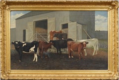 Antique American Realist Cow Farm Large 19th Century Landscape Framed Painting