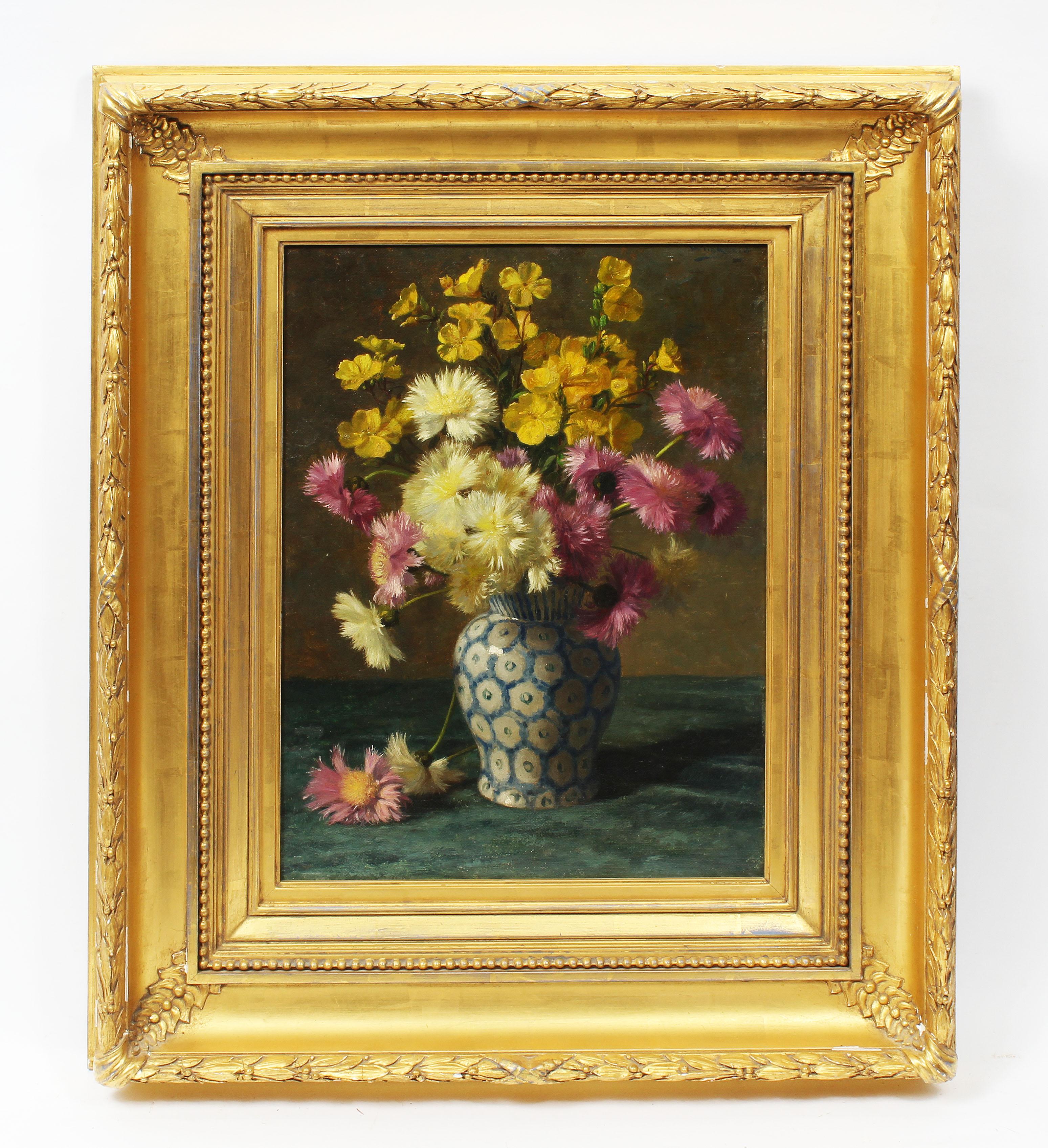 Antique American Realist Flower Still Life Signed Exceptional Rare Oil Painting - Brown Interior Painting by Unknown