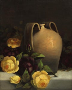 Antiquité Réaliste Américaine Encadrée Nature Morte Fleurie Peinture à l'huile Roses Jaunes