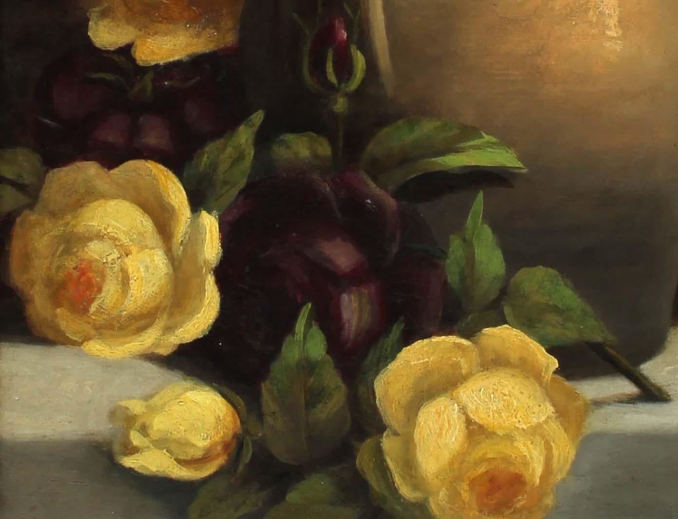 Antique American Realist Framed Flower Jug Still Life Oil Painting Yellow Roses For Sale 1