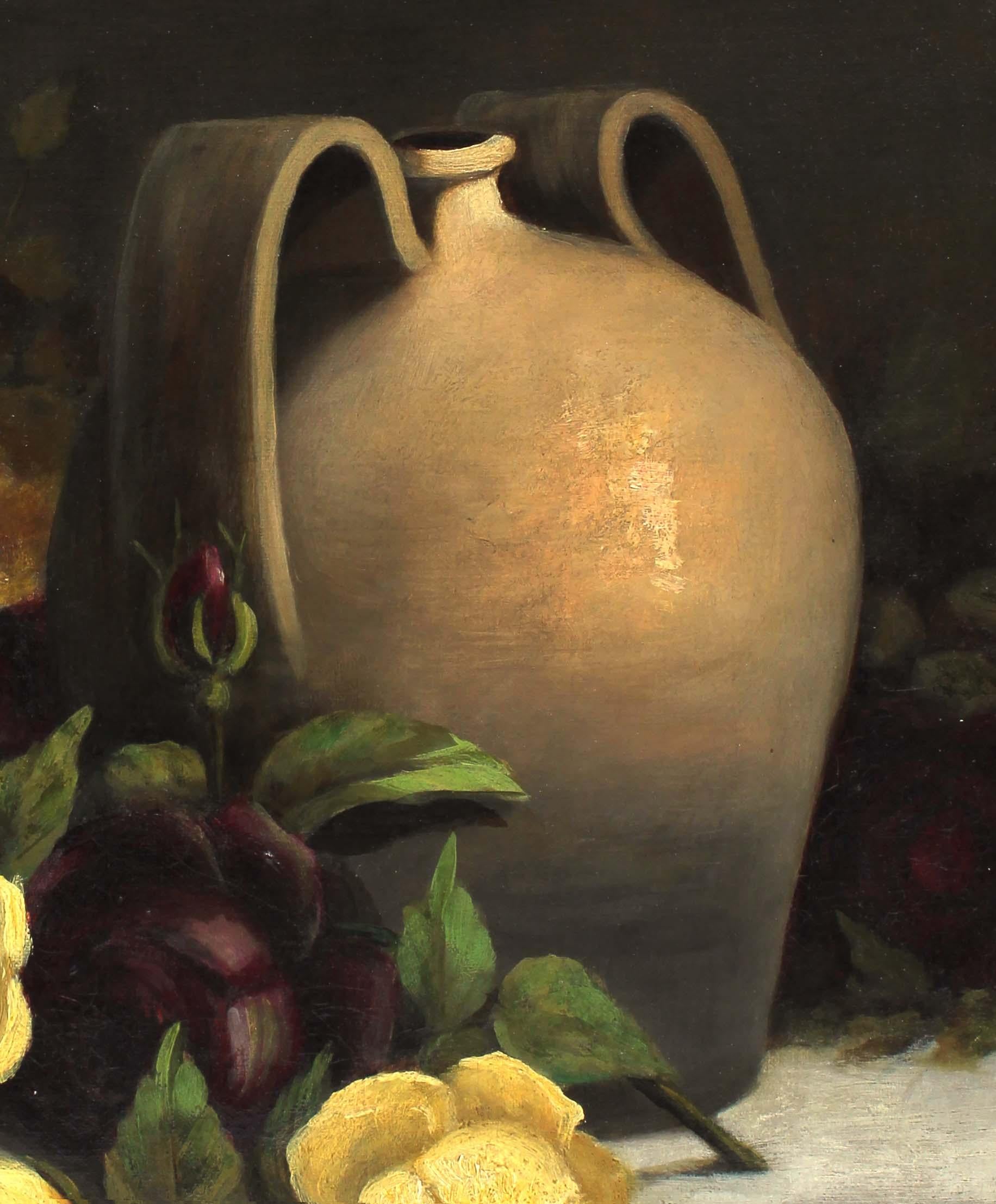 Antique American Realist Framed Flower Jug Still Life Oil Painting Yellow Roses For Sale 2