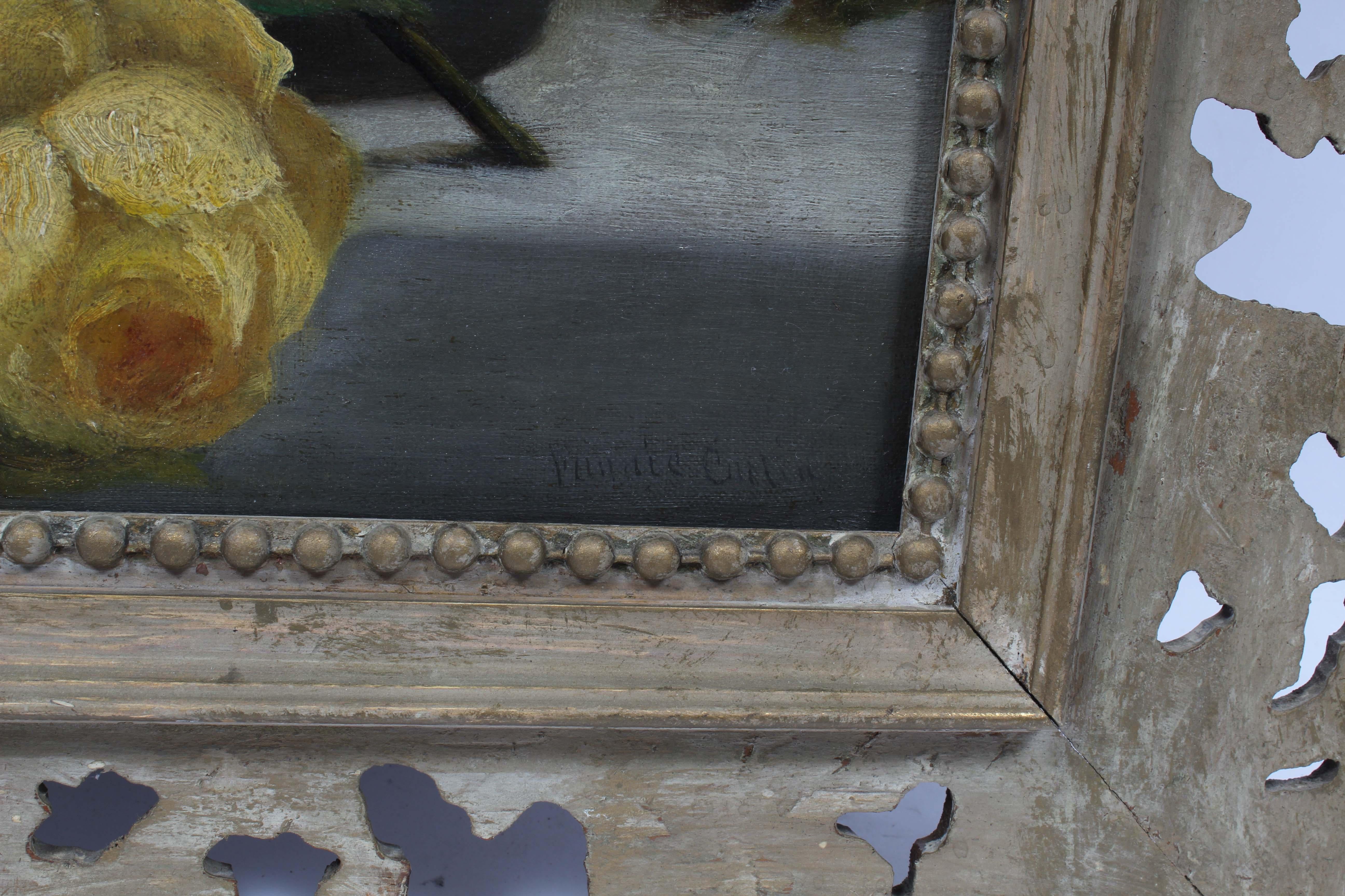 Antique American Realist Framed Flower Jug Still Life Oil Painting Yellow Roses For Sale 3