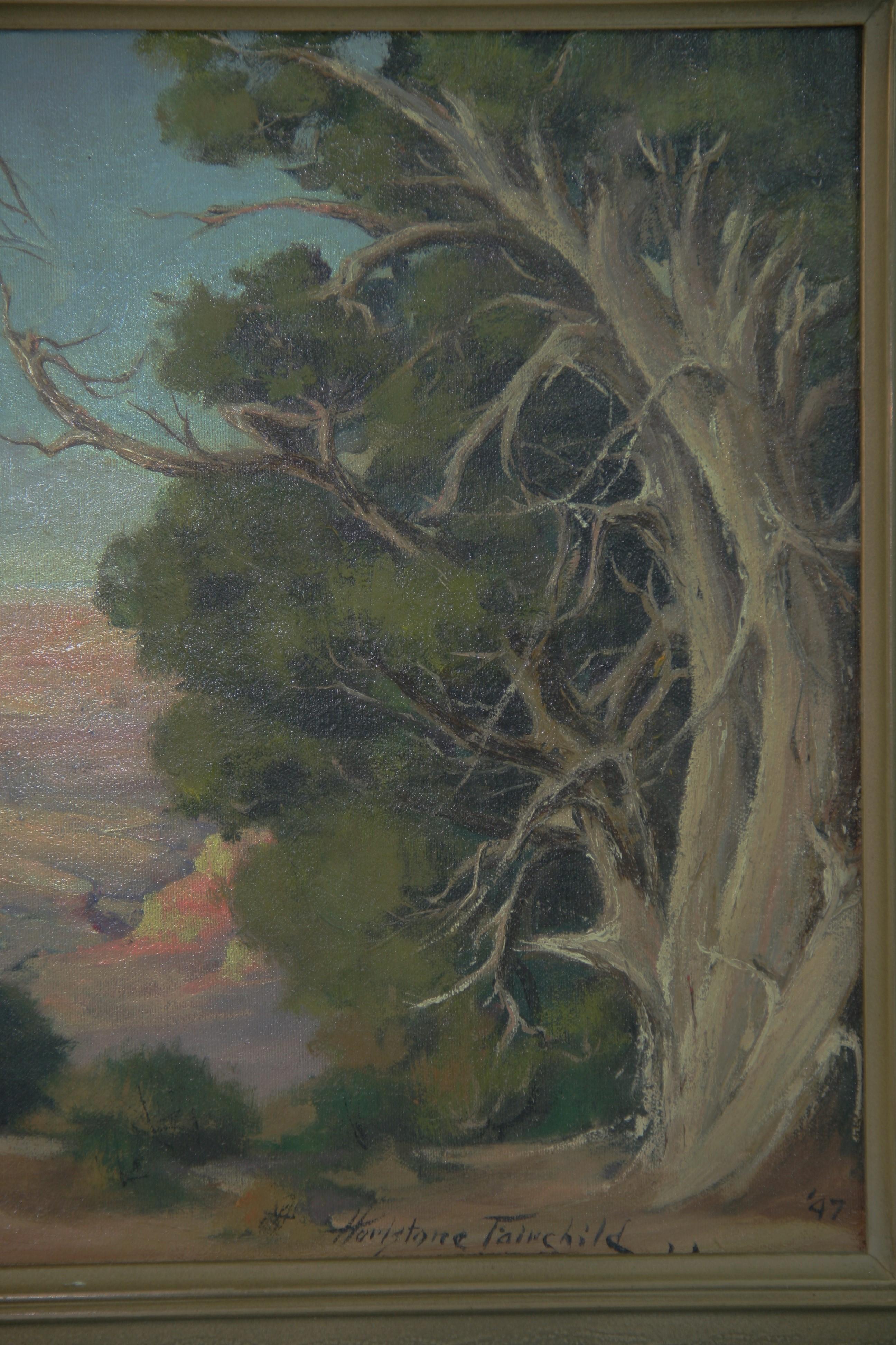 6040 Antike amerikanische realistische Landschaft  Impressionistische Landschaft, eingefasst in einen historischen Rahmen. Unterzeichnet Horlstone Fairchild 1947. Fertig zum Aufhängen und Genießen,
Bildgröße 11,5x15/5