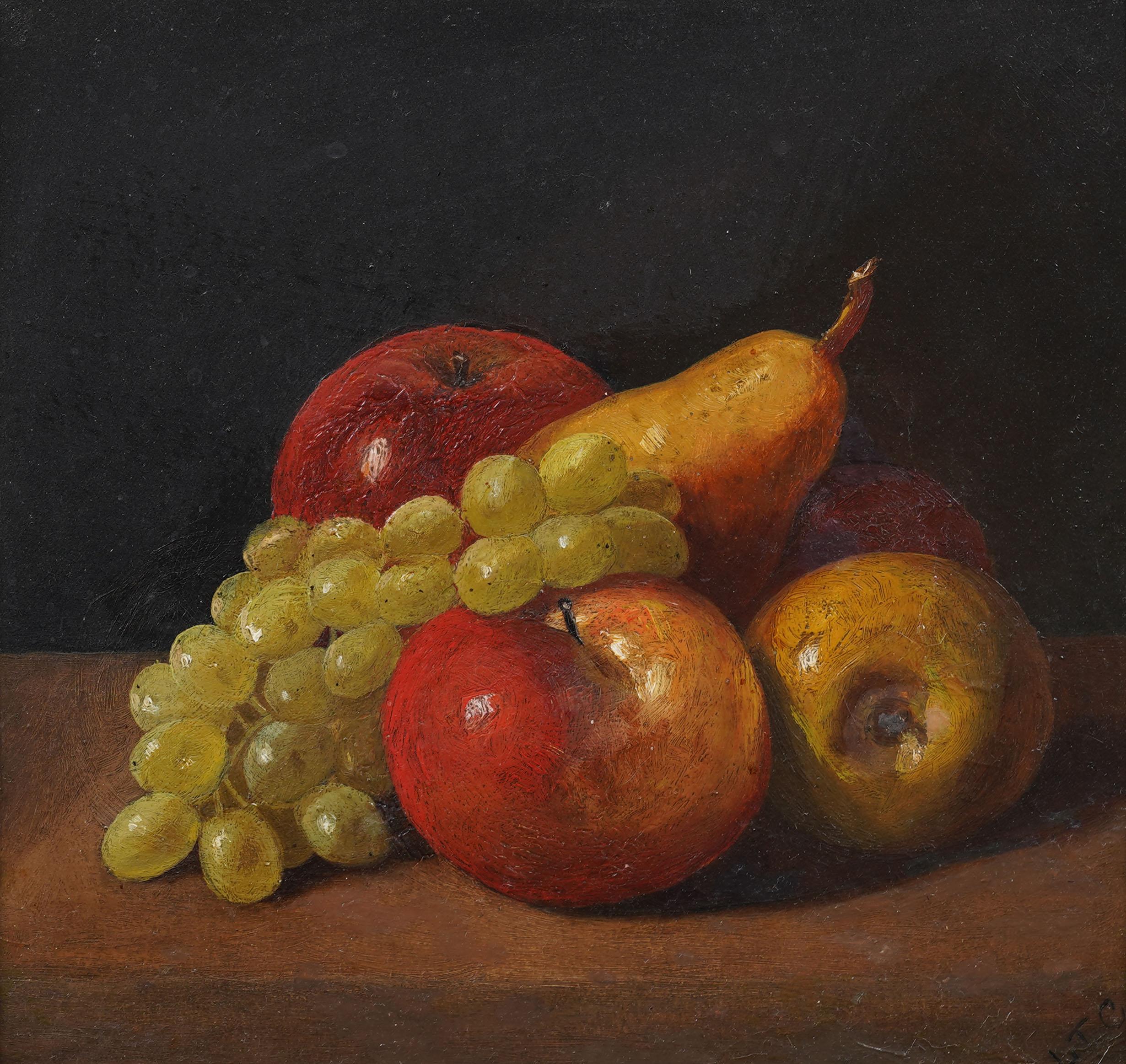 Antike amerikanische Realist Obst Stillleben gerahmt Monogrammed 19. (Braun), Interior Painting, von Unknown