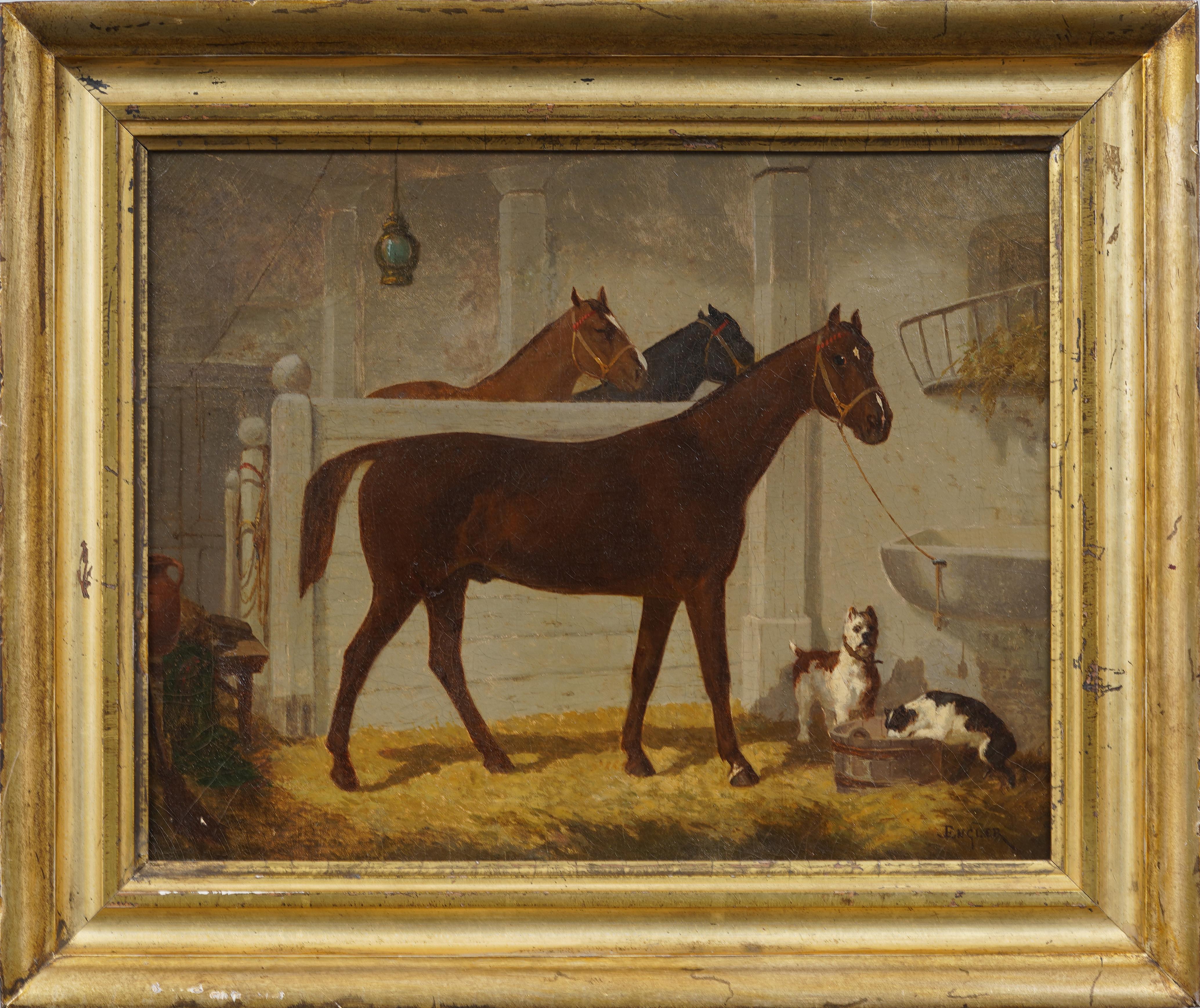 Antique American Realist Horse Portrait Barn Interior Equestrian Framed Painting - Brown Interior Painting by Unknown