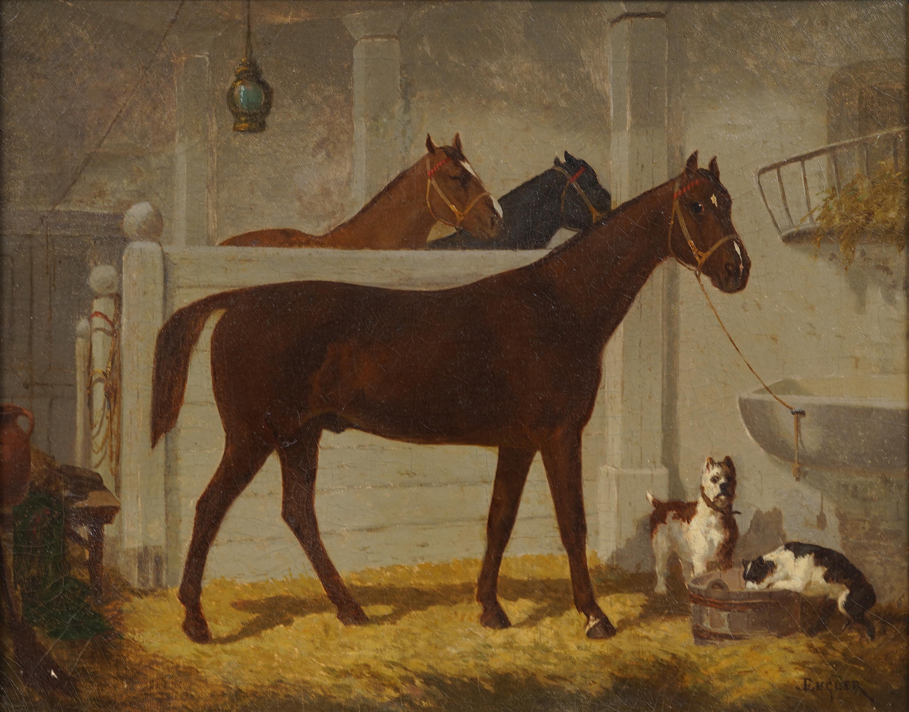 Antique American school realist interior horse barn portrait.  Framed.  Signed.  Oil on canvas.   In excellent original condition. Handsomely framed in a lemon gold giltwood molding.  Excellent condition, ready to hang and enjoy. 