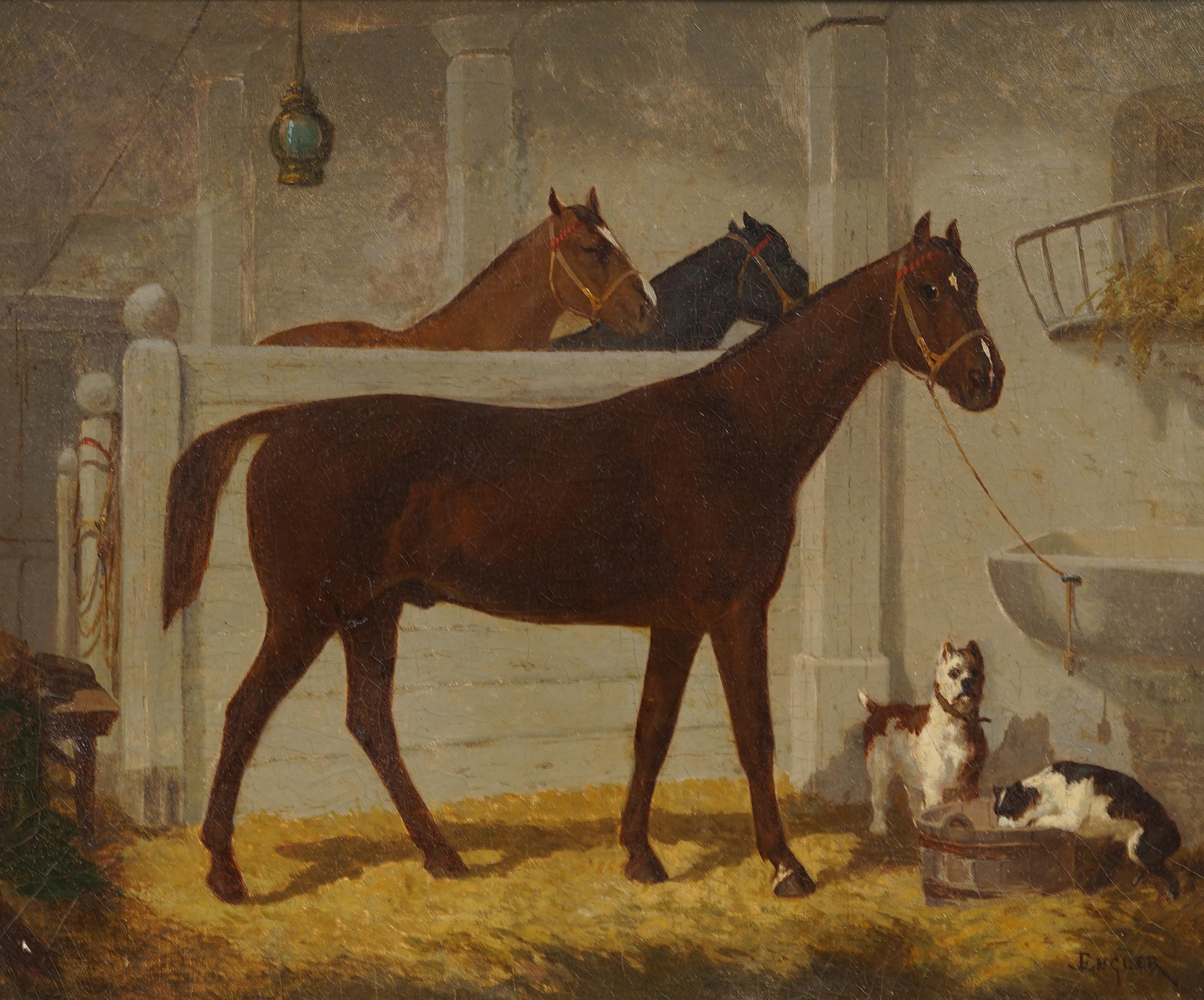 Antique American Realist Horse Portrait Barn Interior Equestrian Framed Painting 1