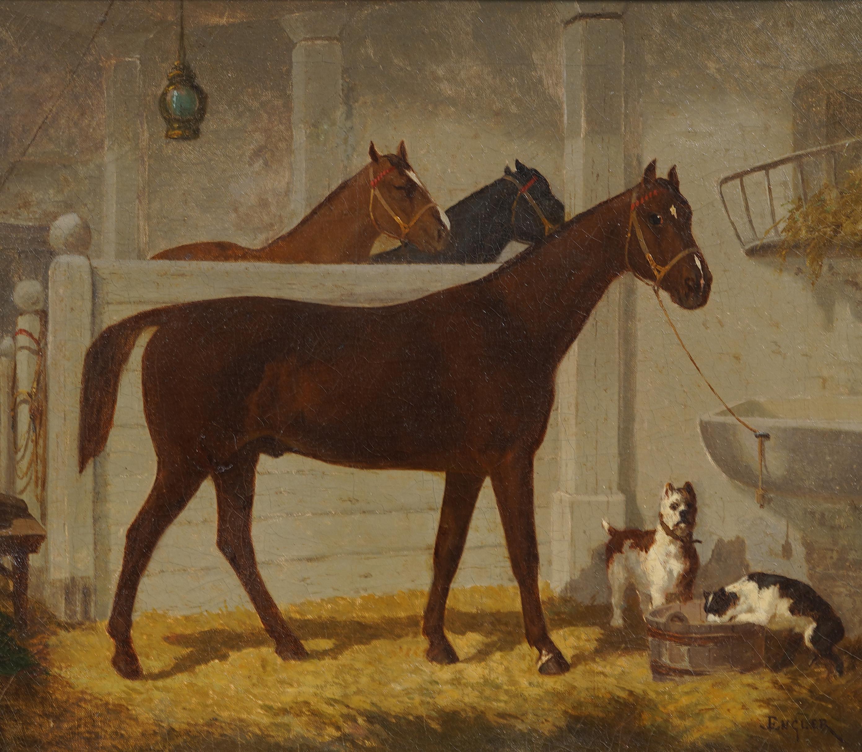 Antique American Realist Horse Portrait Barn Interior Equestrian Framed Painting 2