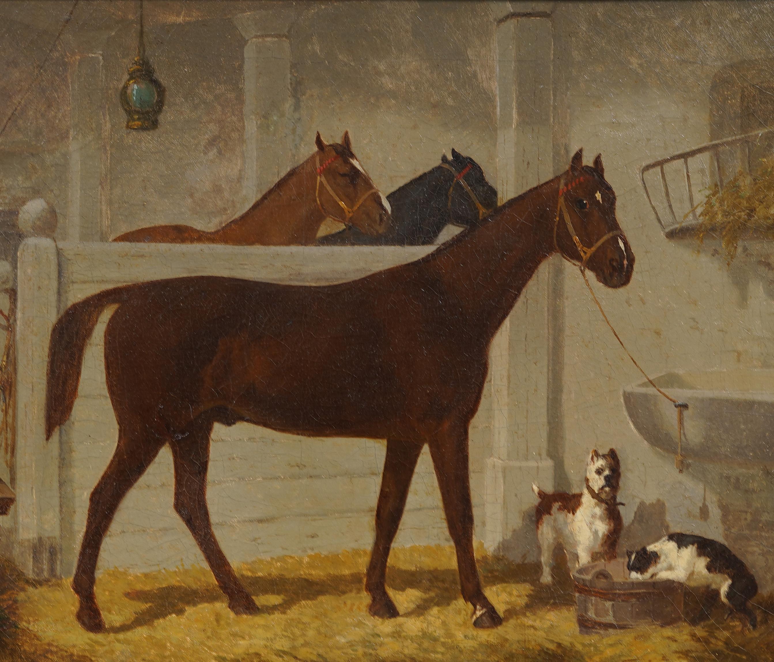 Antique American Realist Horse Portrait Barn Interior Equestrian Framed Painting 3