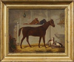 Antique American Realist Horse Portrait Barn Interior Equestrian Framed Painting