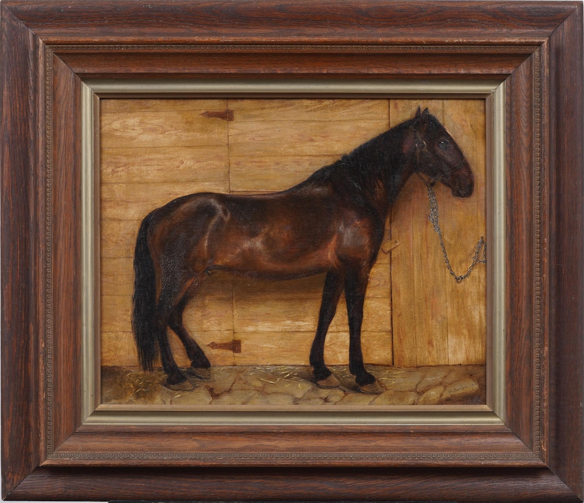 Unknown Animal Painting - Antique American Realist Horse Portrait Barn Scene Landscape Framed Oil Painting