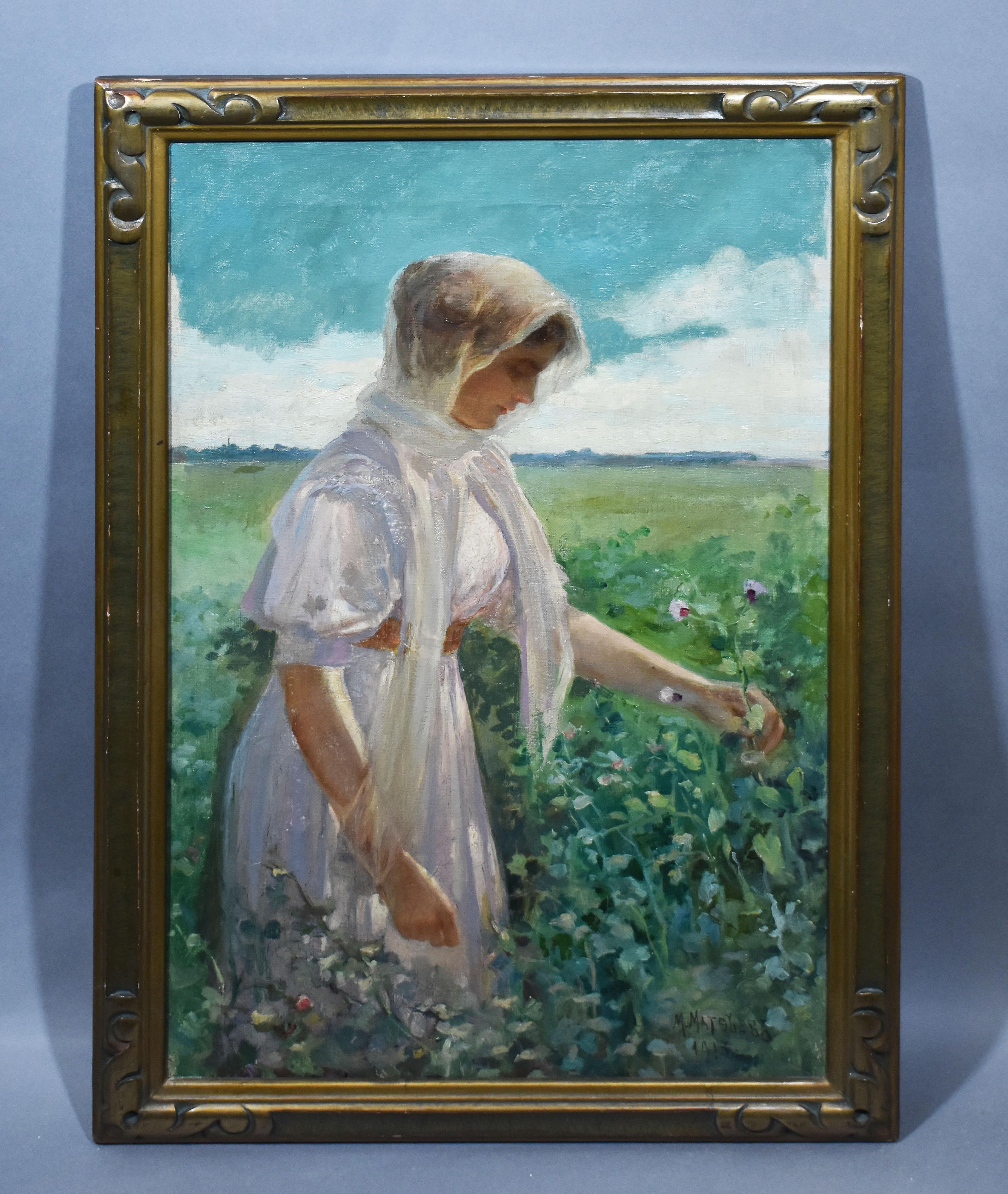 woman picking flowers painting