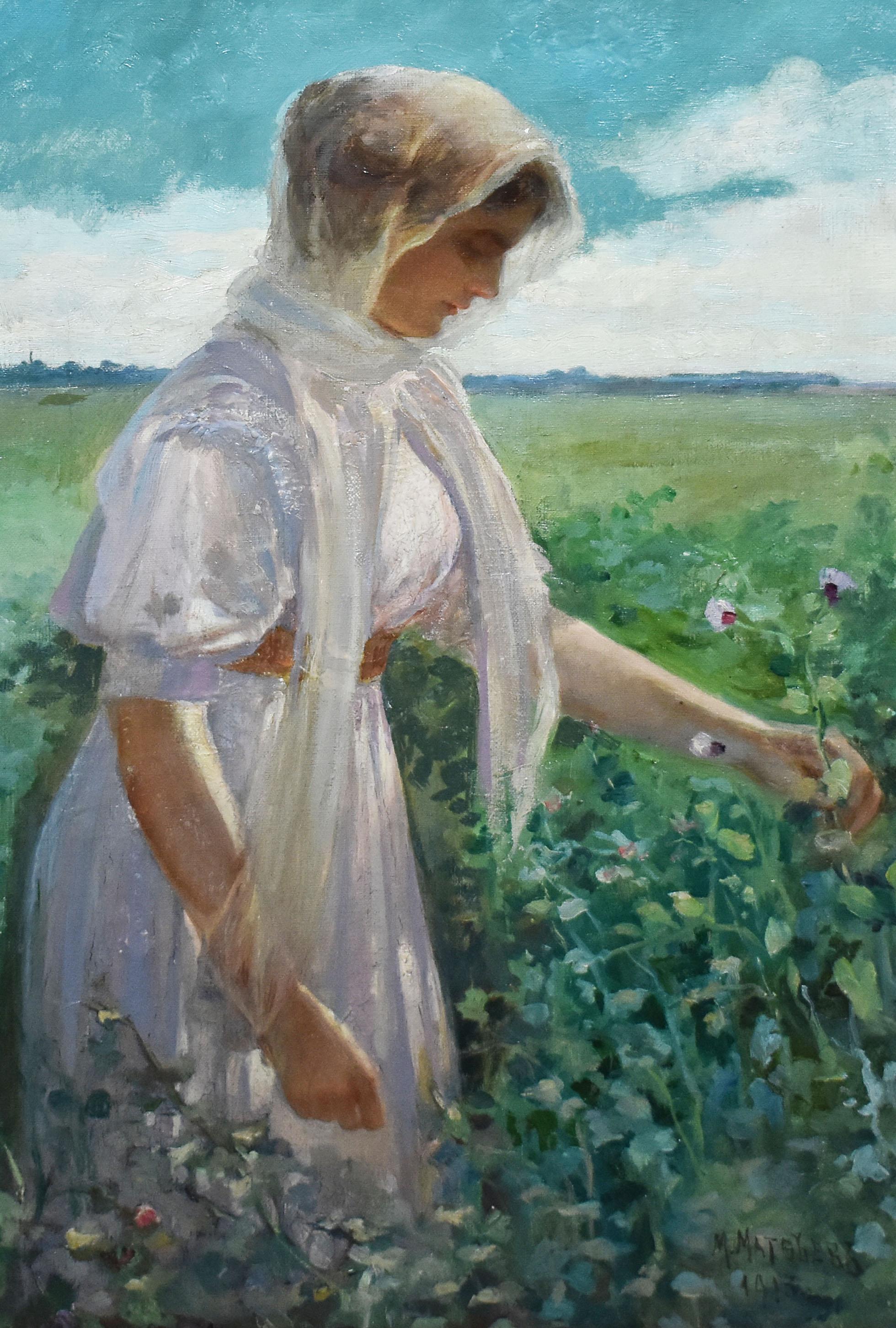 Antique American School 1913 Portrait of Woman Picking Flowers  Oil Painting - Black Figurative Painting by Unknown