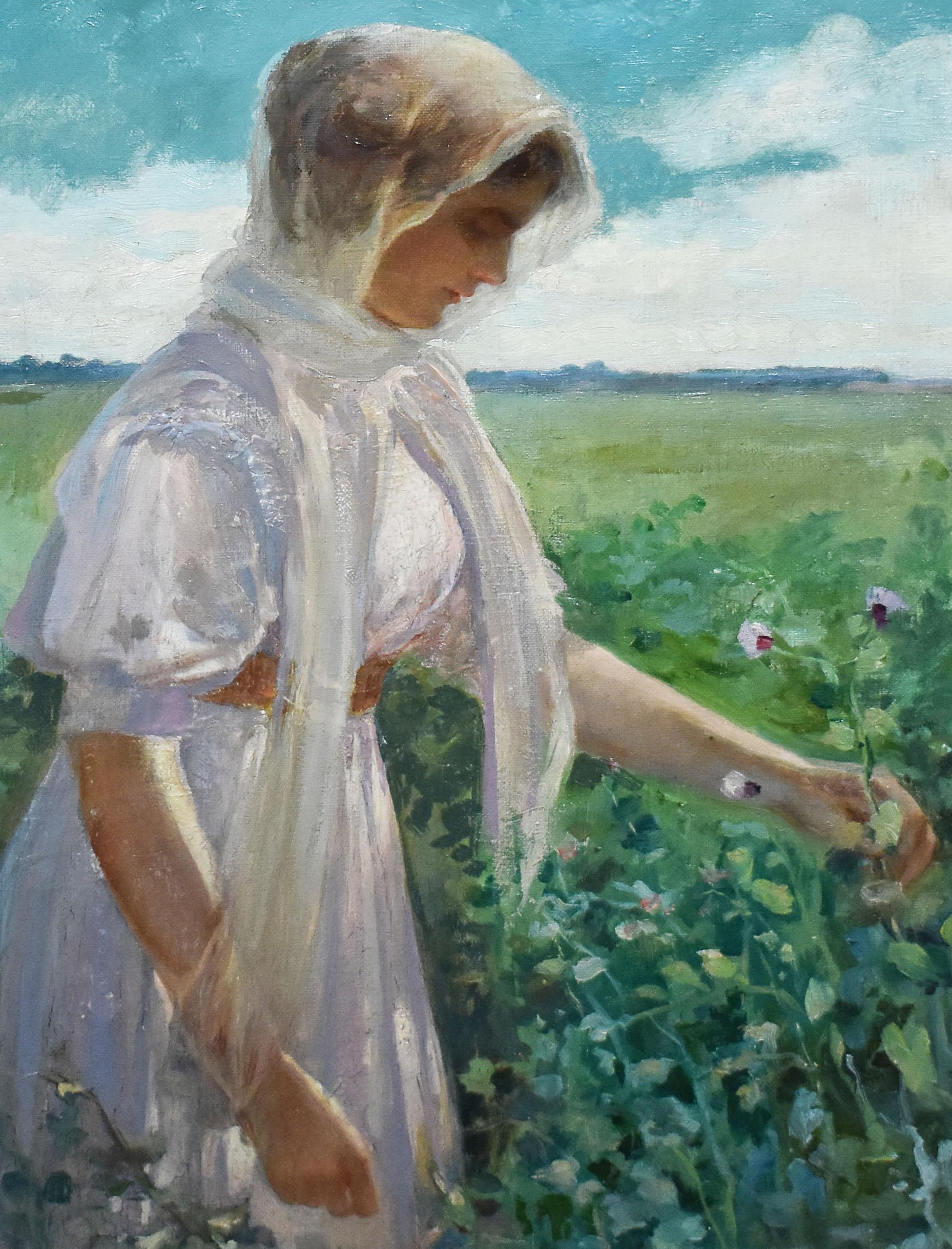 Impressionist landscape painting with a young woman picking flowers.   Oil on canvas, circa 1913.  Signed lower right illegibly.  Displayed in a period impressionist frame.  Image size, 14