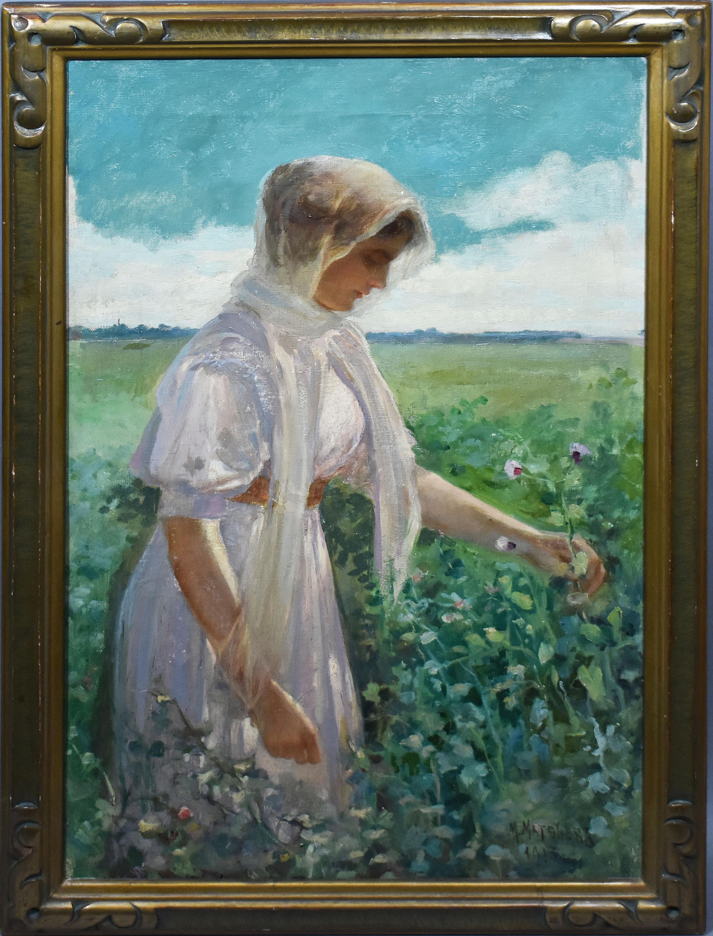 Unknown Figurative Painting - Antique American School 1913 Portrait of Woman Picking Flowers  Oil Painting
