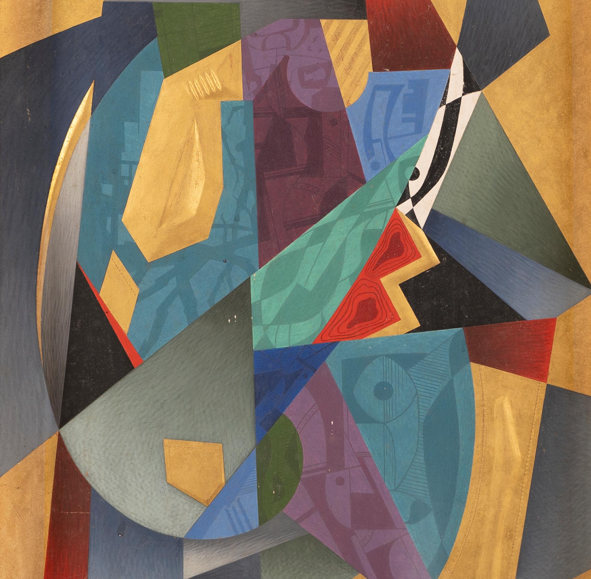 Antiguo cuadro de técnica mixta modernista de la escuela americana.  Óleo sobre tabla con ensamblaje de pan de oro, hacia 1930.  Sin firmar.  Tamaño de la imagen, 13L x 17H.  Se presenta en un marco de madera de época, probablemente realizado por el