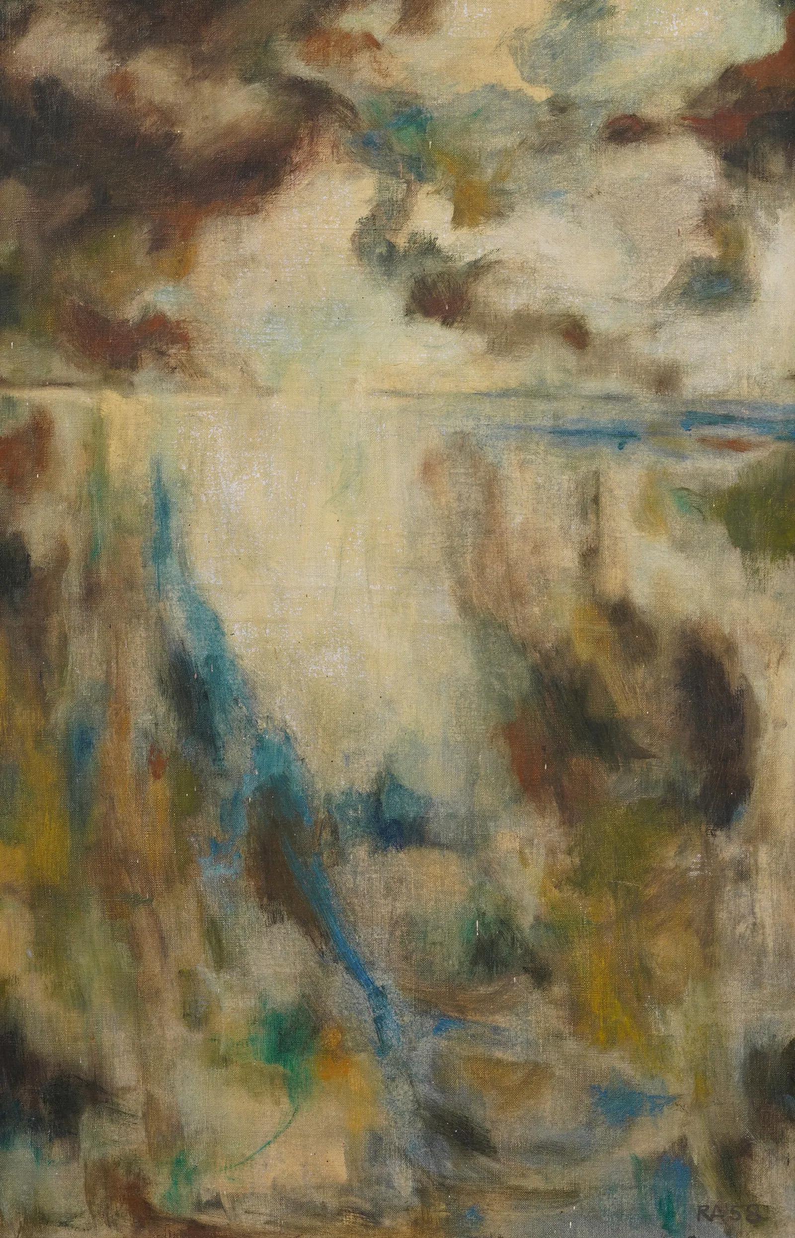 Antico dipinto espressionista astratto incorniciato della Scuola Americana del 1958, con monogramma - Painting Astratto di Unknown
