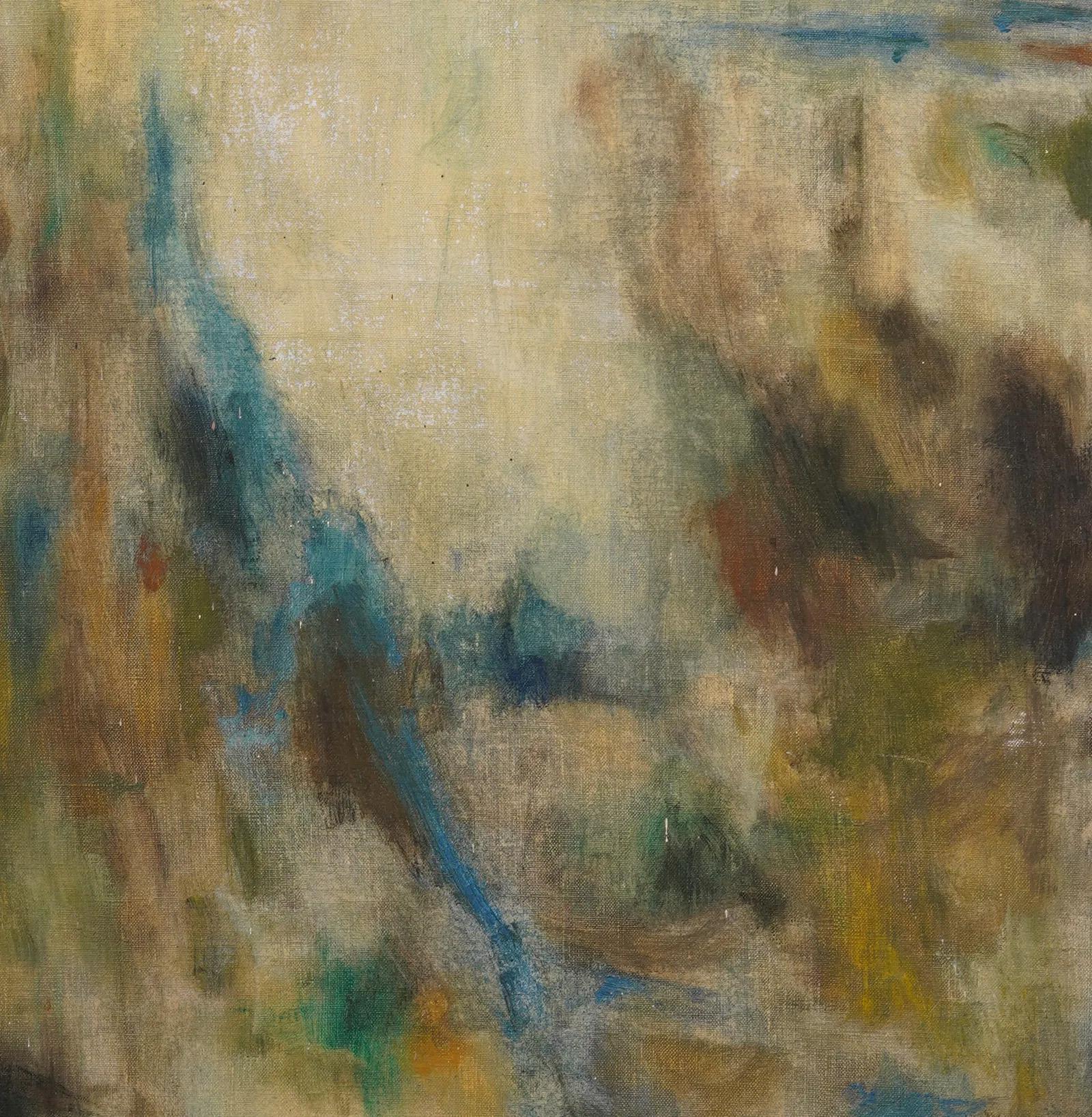 Antico dipinto espressionista astratto incorniciato della Scuola Americana del 1958, con monogramma - Abstract Painting Marrone di Unknown