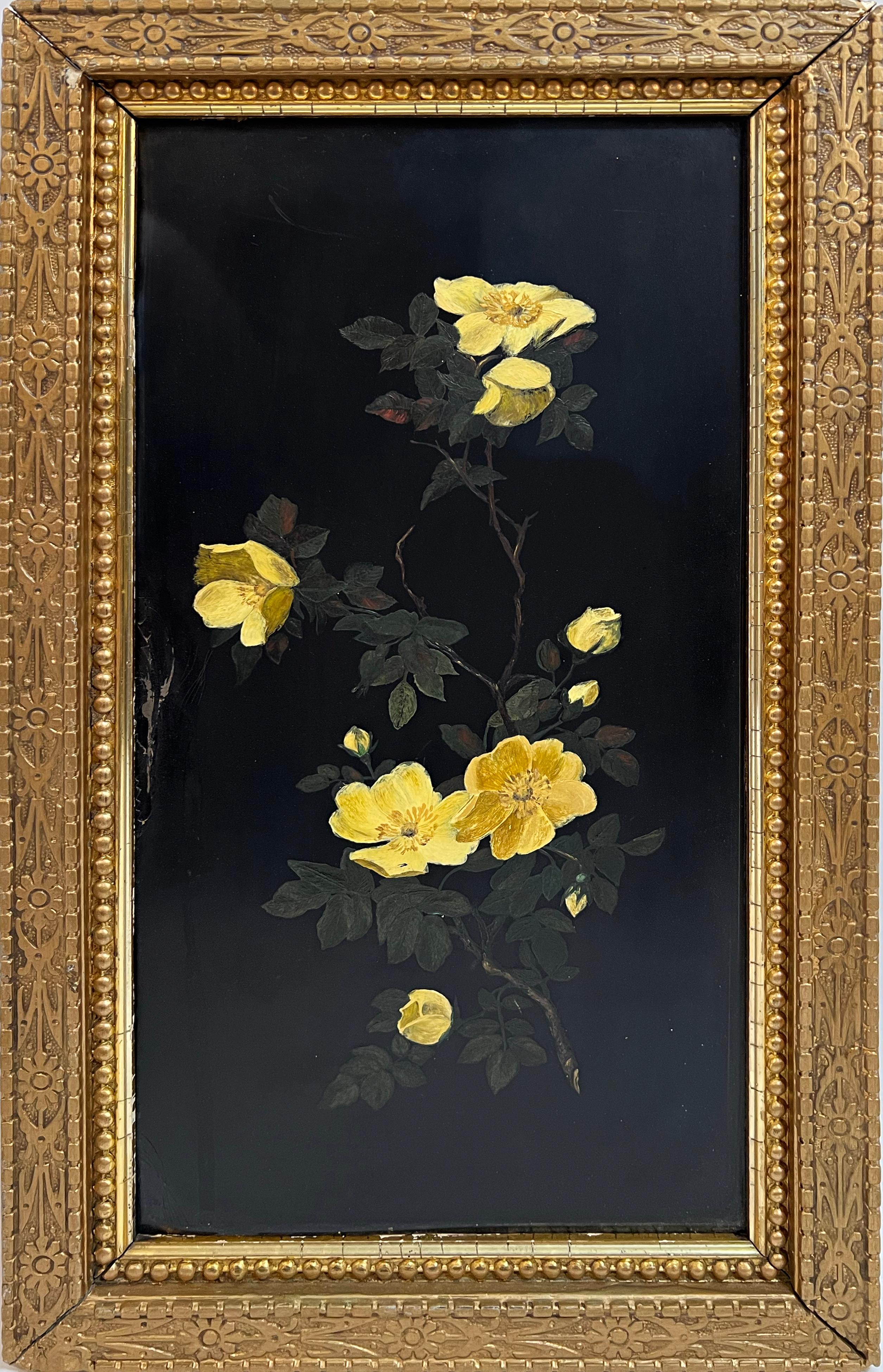 Antique American School 19th Century Flower Still Life Original Oil Painting - Black Still-Life Painting by Unknown