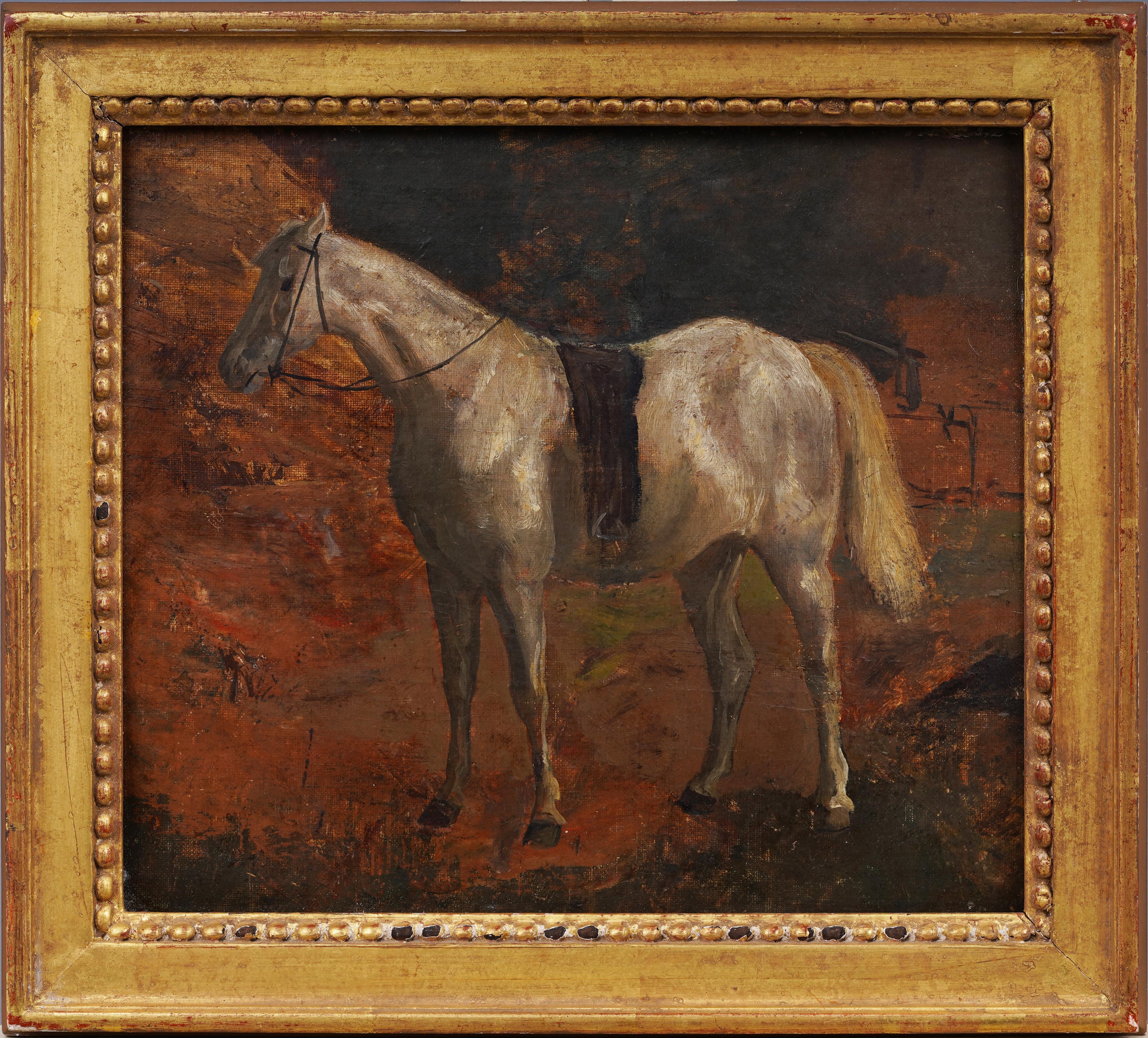 19th century horse portrait in a fall landscape.  Oil on board.  Nicely framed.  