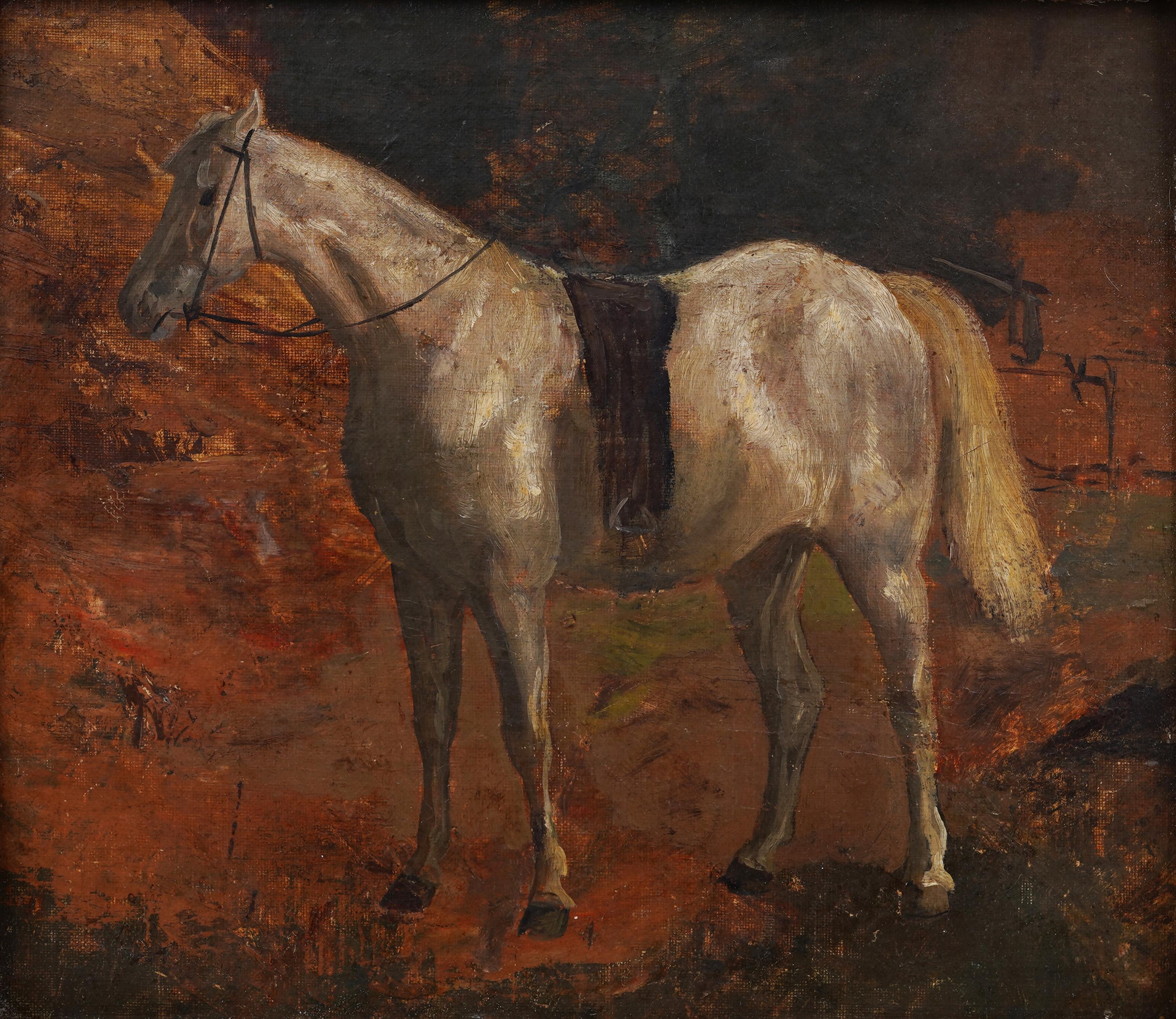 Antique American School 19th Century Horse Landscape Portrait Framed Painting For Sale 1