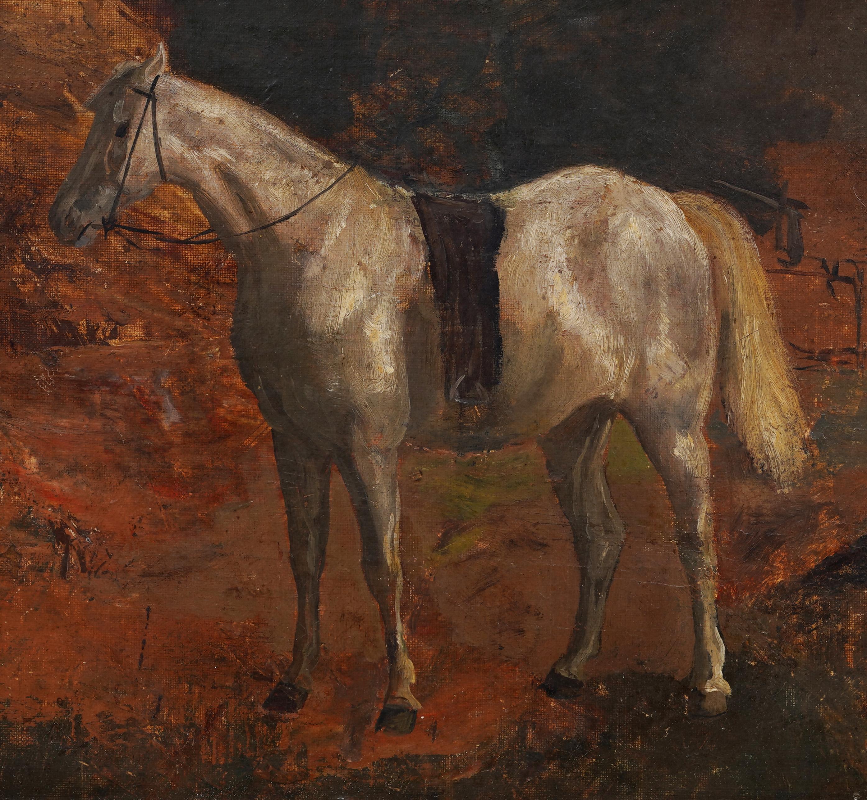 Pferdeporträt aus dem 19. Jahrhundert in einer Herbstlandschaft.  Öl auf Karton.  Schön gerahmt.  