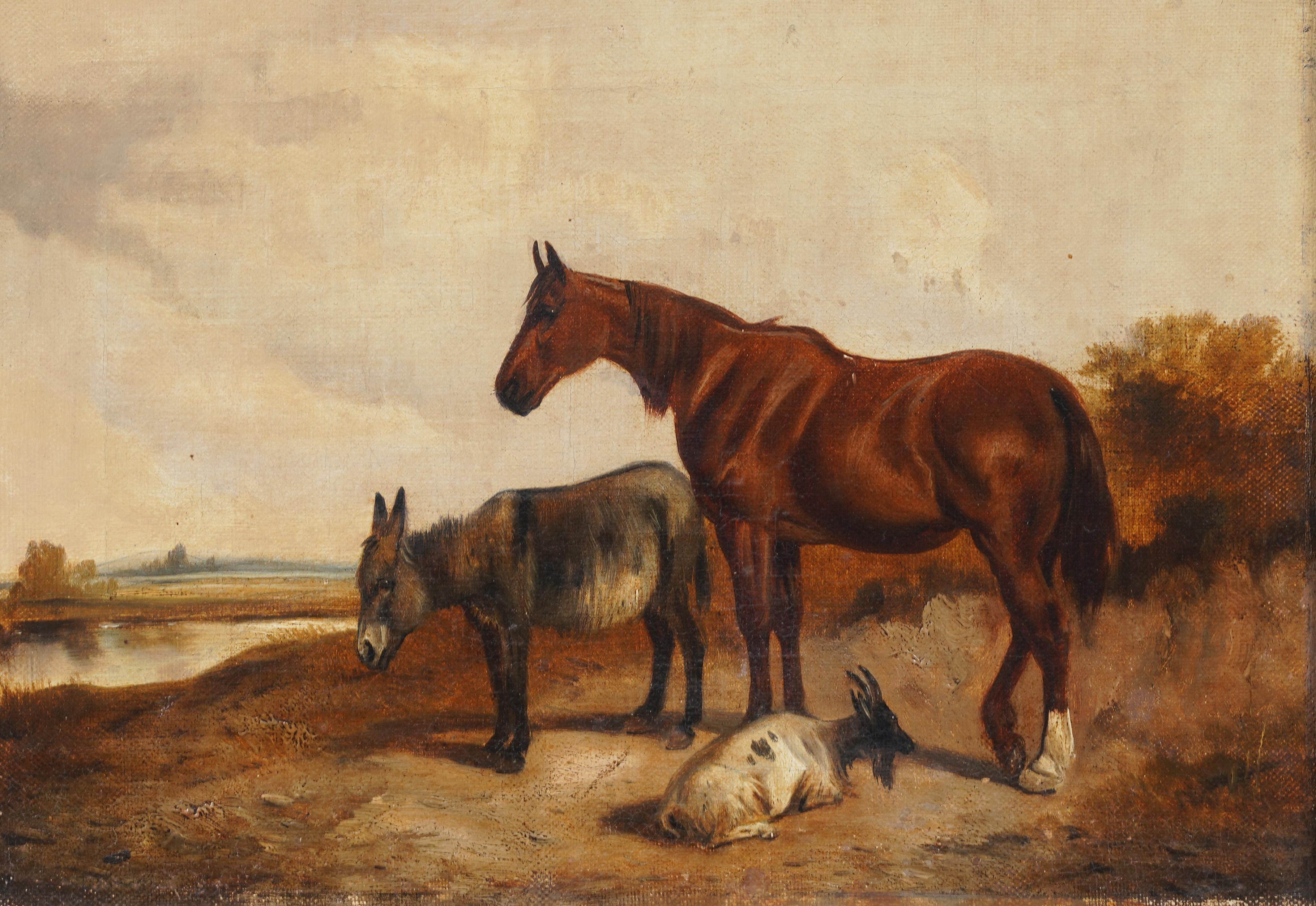 Antique American School 19th Century Horse Portrait Landscape Framed Painting 1