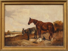 Antique American School 19th Century Horse Portrait Landscape Framed Painting