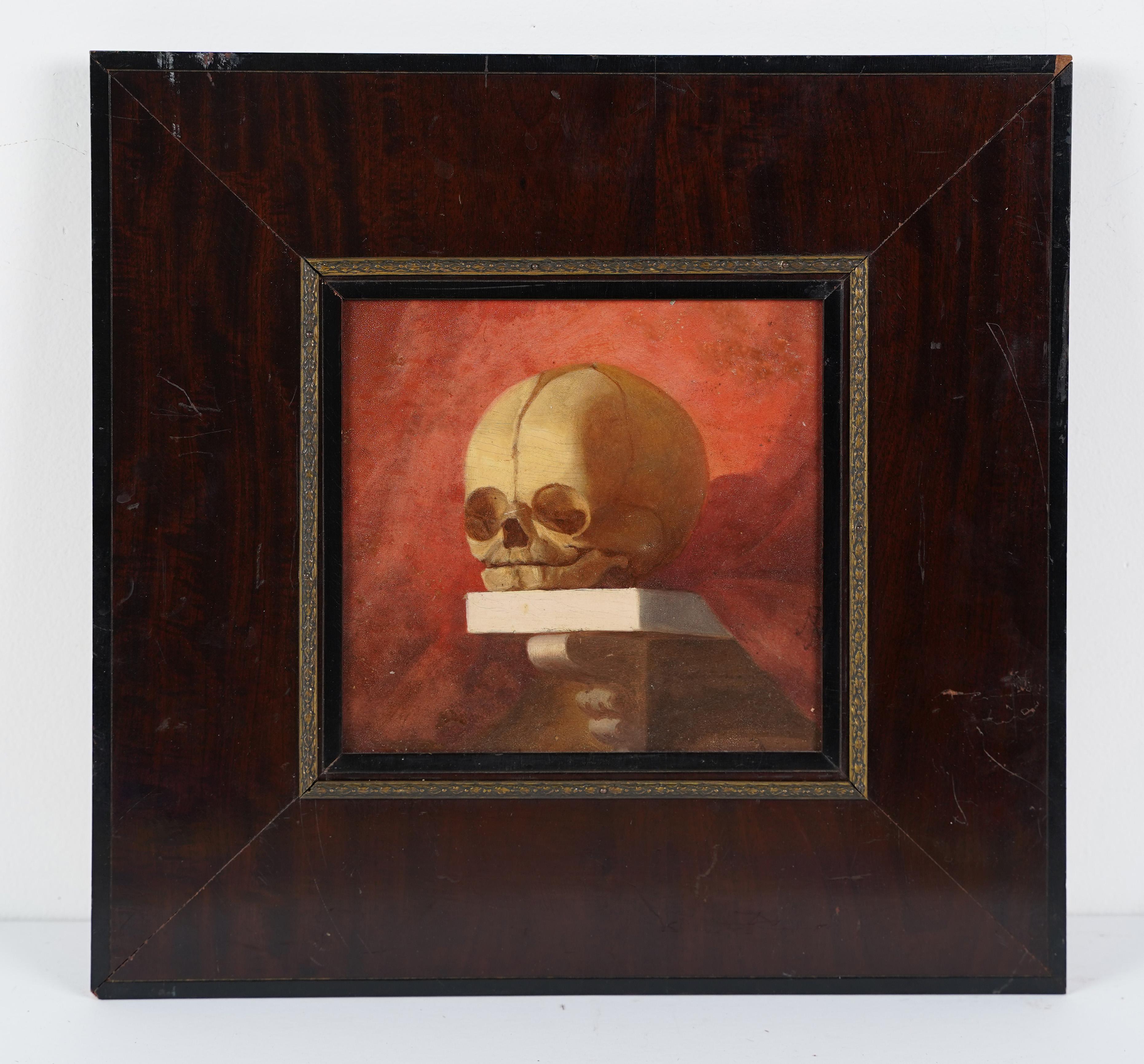  Antikes Stillleben mit menschlichem Totenkopf aus der amerikanischen Schule, Memento Mori, 19. Jahrhundert (Realismus), Painting, von Unknown