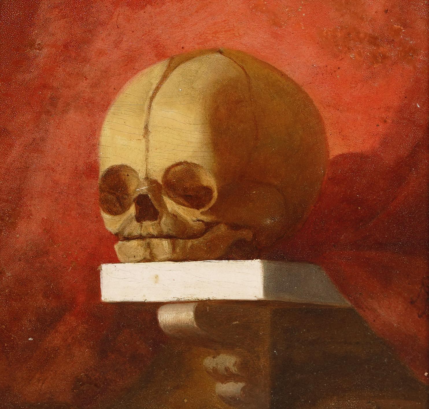  Antikes Stillleben mit menschlichem Totenkopf aus der amerikanischen Schule, Memento Mori, 19. Jahrhundert (Schwarz), Portrait Painting, von Unknown