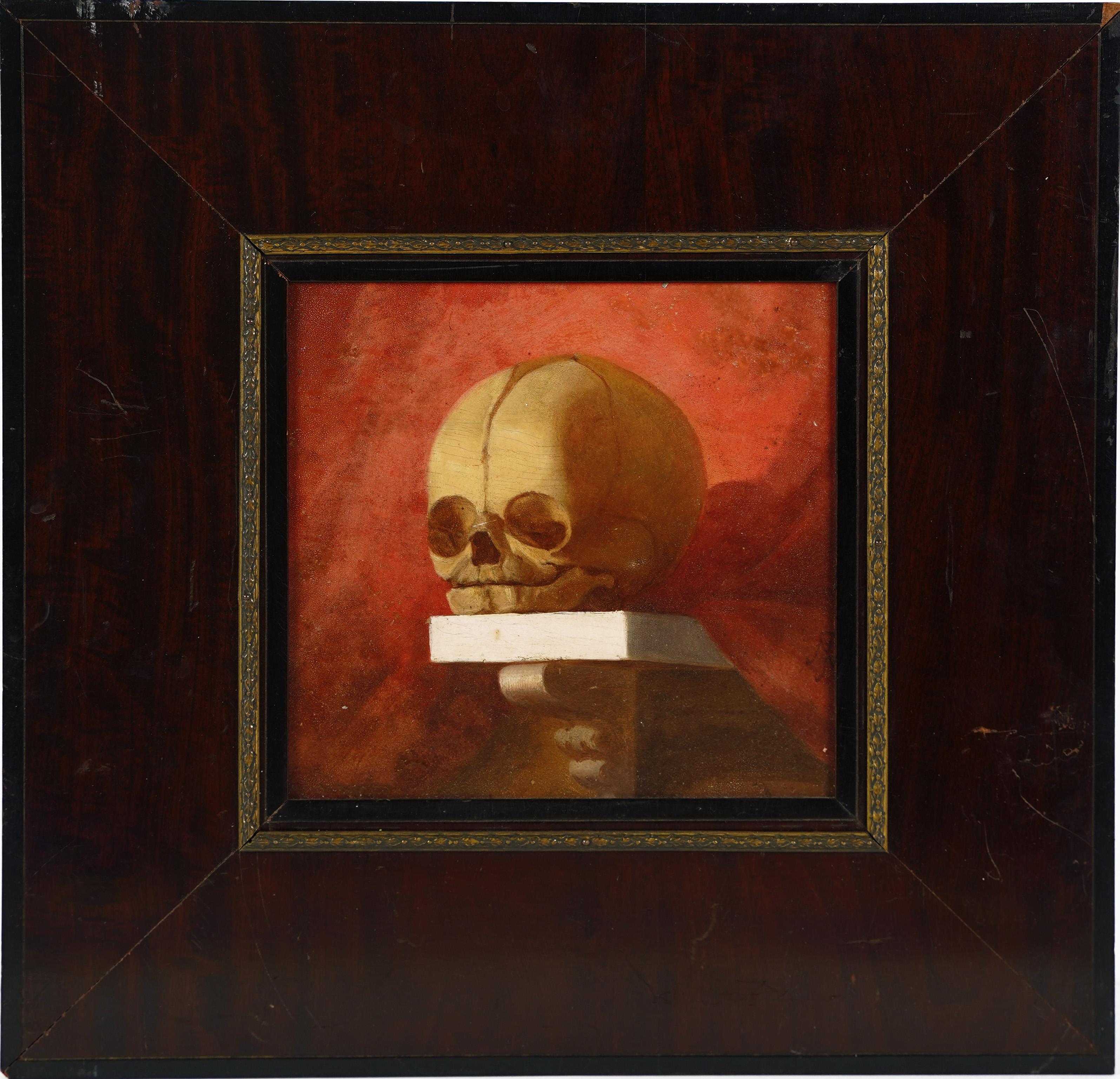 Unknown Portrait Painting –  Antikes Stillleben mit menschlichem Totenkopf aus der amerikanischen Schule, Memento Mori, 19. Jahrhundert