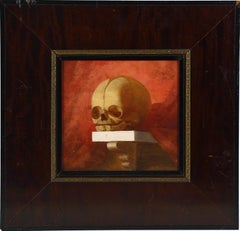  Antique American School 19th Century Memento Mori Human Skull Still Life Oil