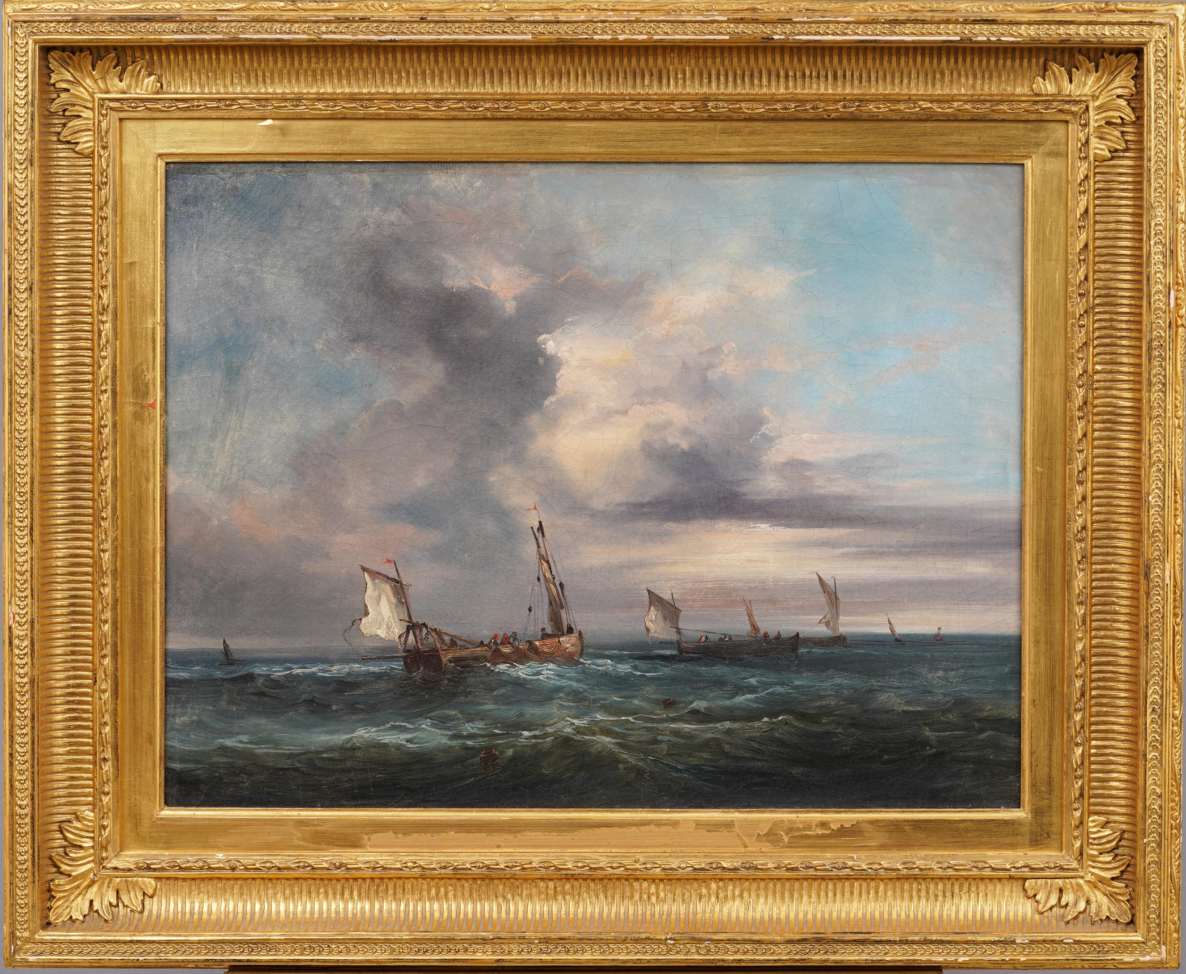 Antico dipinto a olio di scuola americana del XIX secolo, paesaggio marino e barca a vela - Painting di Unknown