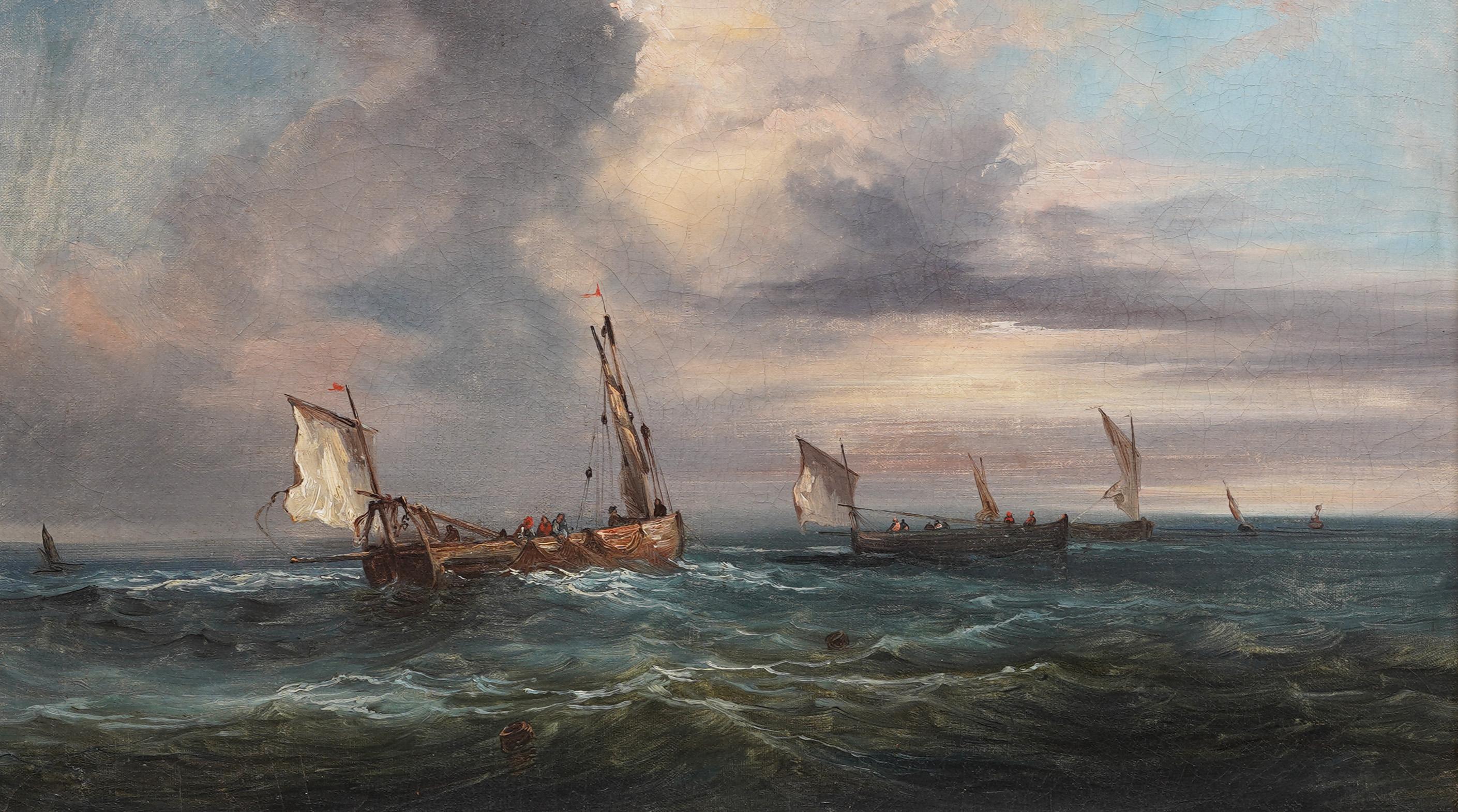 Antike nautische Meereslandschaft eines Segelbootes, Ölgemälde der amerikanischen Schule des 19. Jahrhunderts im Angebot 1