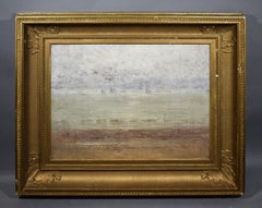 Antique American School 19th Century Sunset Luminous Beach Seascape Oil Painting