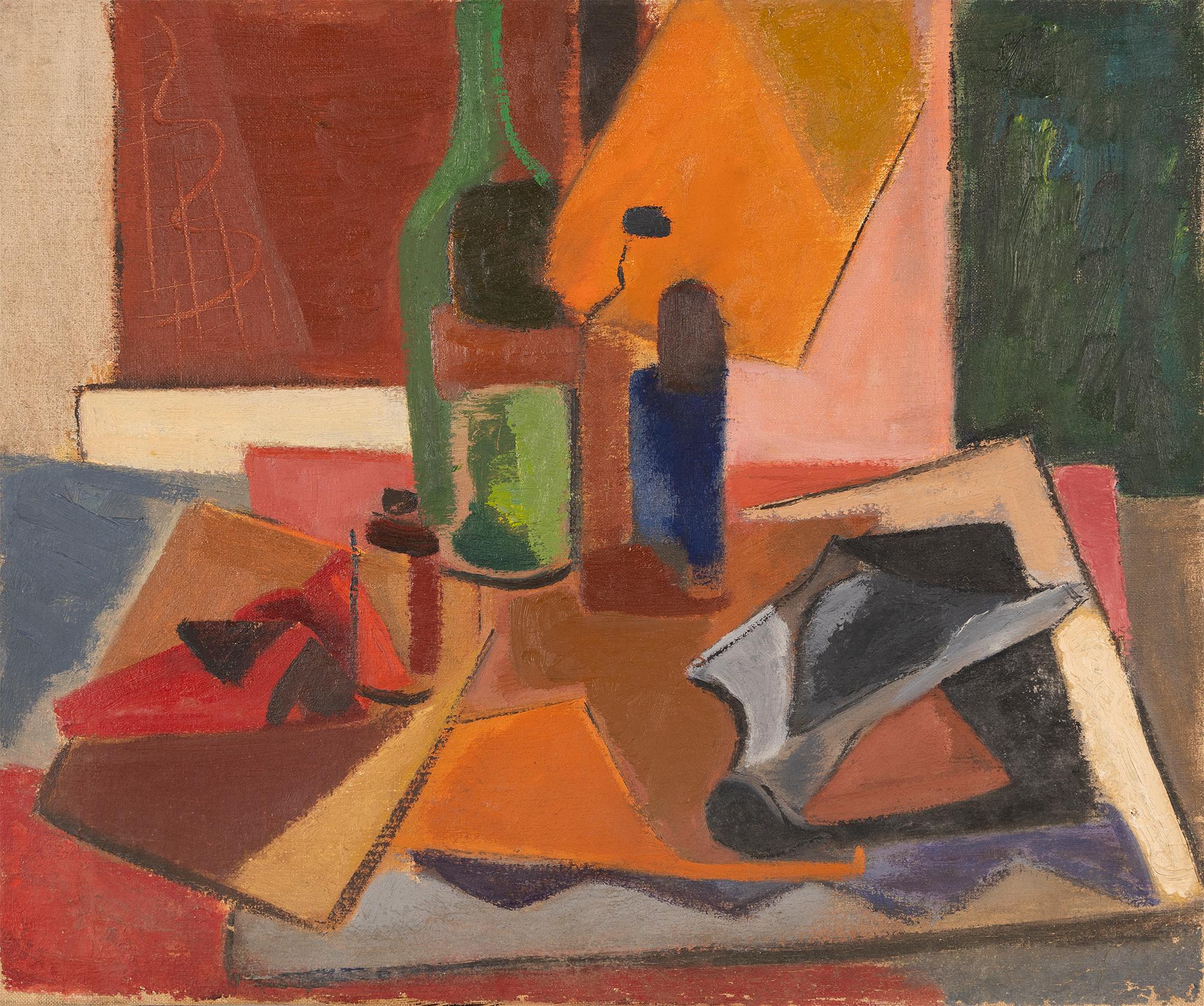 Antike  American School Abstrakte kubistische 1930er Jahre Weinflasche Stillleben Gemälde – Painting von Unknown