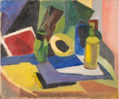 Antico  Pittura astratta cubista di scuola americana del 1930 con bottiglia di vino, natura morta