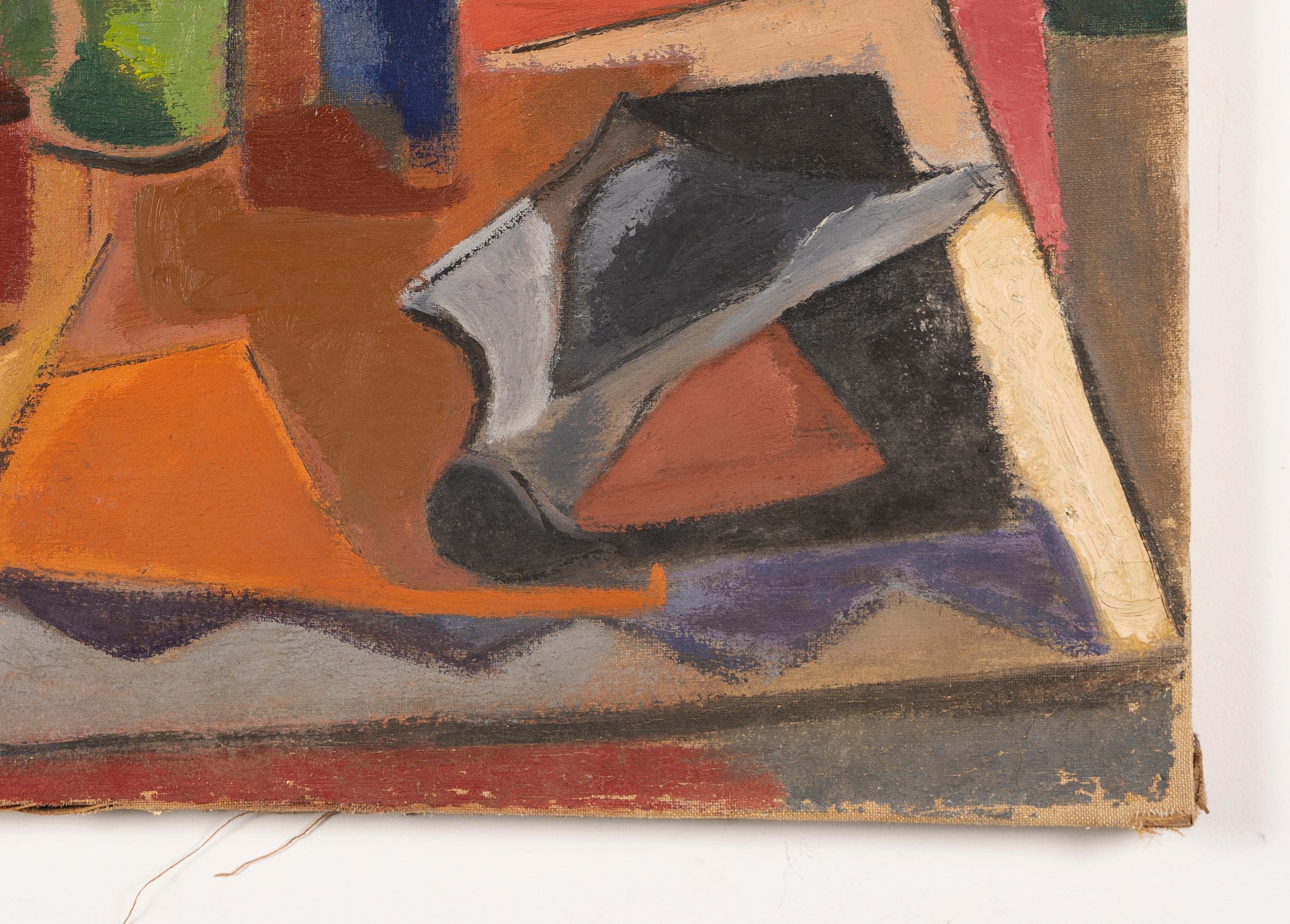 Antike  American School Abstrakte kubistische 1930er Jahre Weinflasche Stillleben Gemälde (Kubismus), Painting, von Unknown