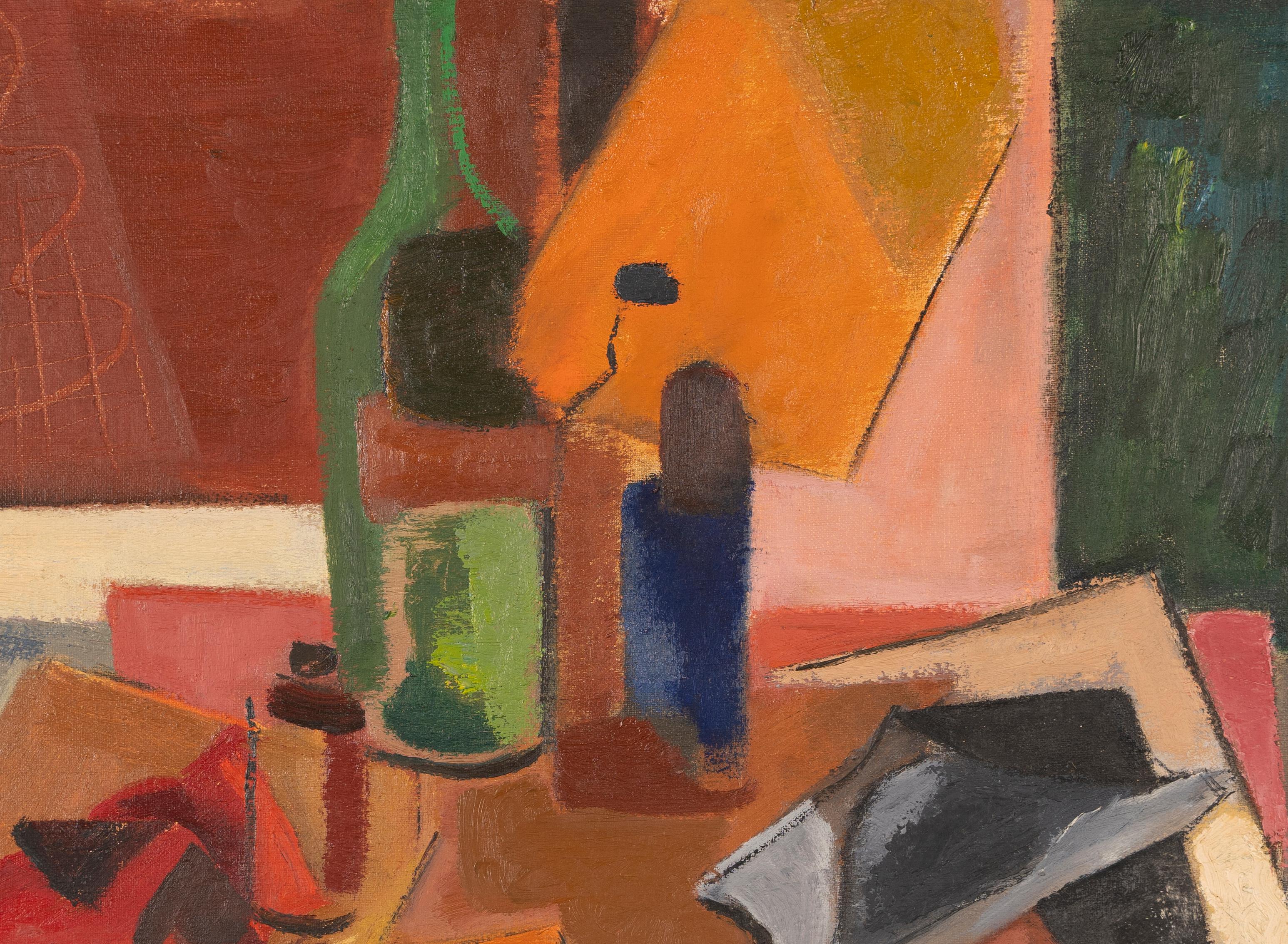 Antike  American School Abstrakte kubistische 1930er Jahre Weinflasche Stillleben Gemälde (Braun), Abstract Painting, von Unknown