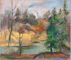 Antico dipinto ad olio di scuola americana, espressionista astratto, interno di una foresta