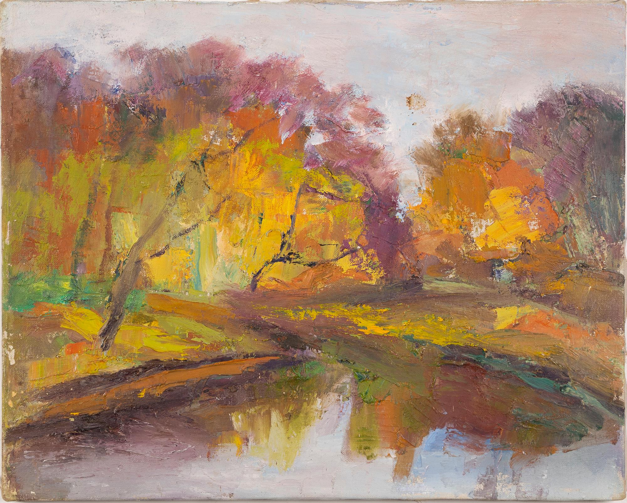 Antique American School Abstract Expressionist Forest Interior Oil Painting - Brown Landscape Painting by Unknown