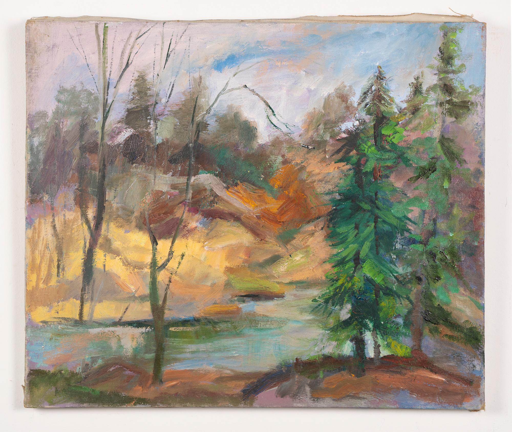 Antique American School Abstract Expressionist Forest Interior Oil Painting - Brown Landscape Painting by Unknown