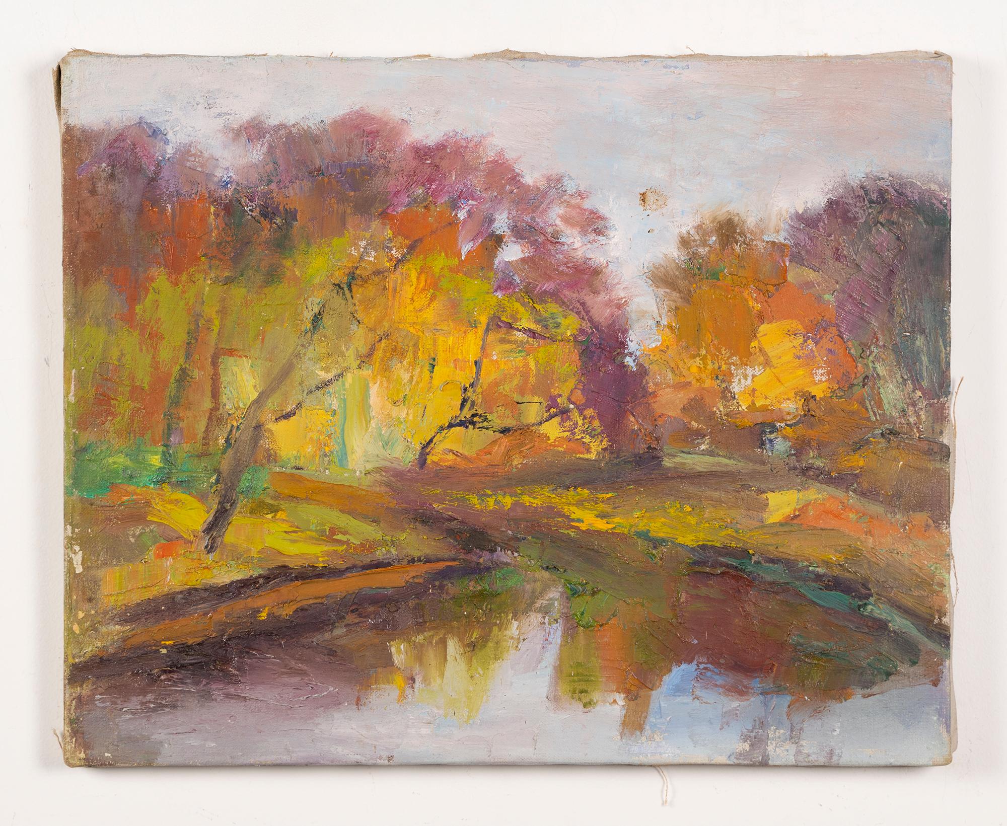 Antique American abstract expressionist oil painting.  Oil on canvas, circa 1950.  No signature found.  Image size, 20L x 16H.  Framing available. 