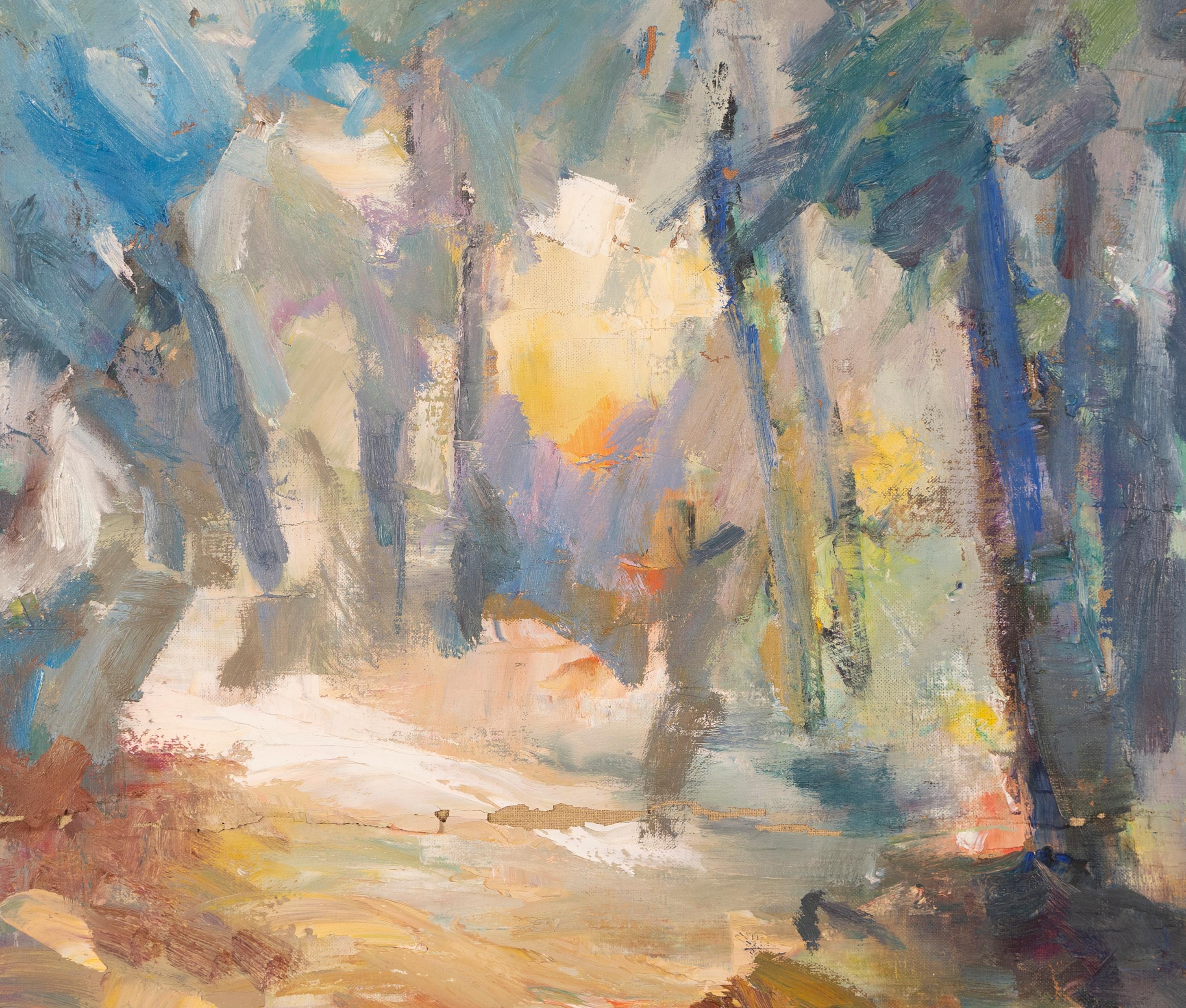 Antique American School Abstract Expressionist Forest Interior Oil Painting For Sale 1