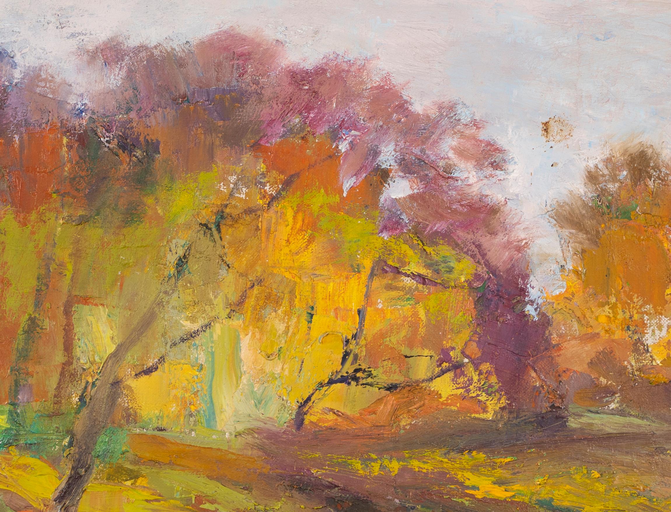 Antique American School Abstract Expressionist Forest Interior Oil Painting 1