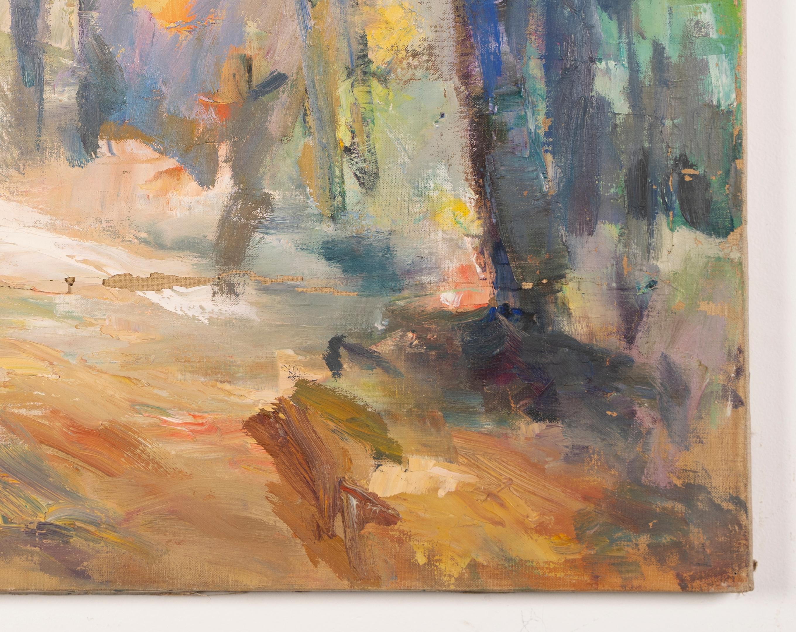 Antique American School Abstract Expressionist Forest Interior Oil Painting For Sale 2