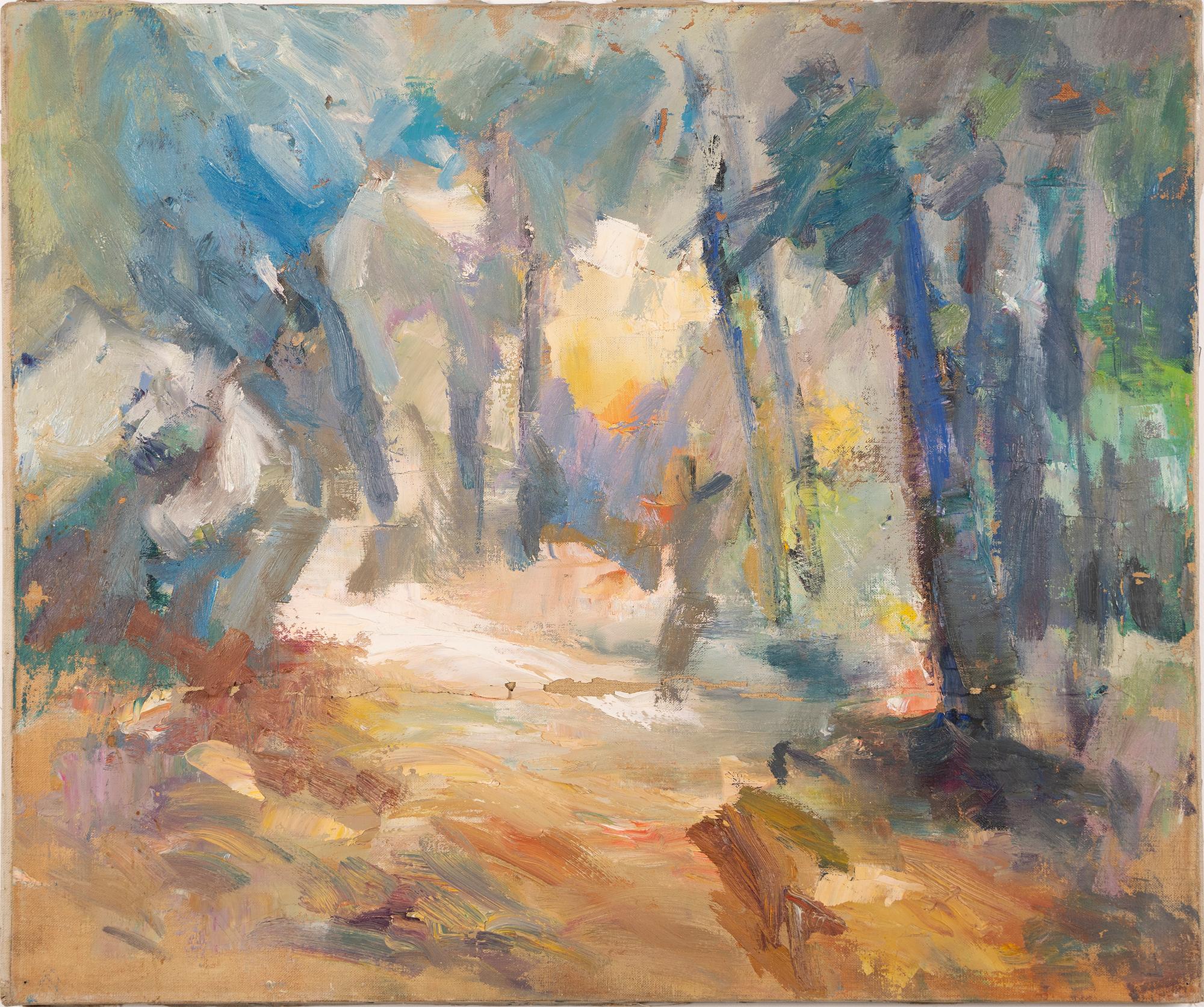 Antique American School Abstract Expressionist Forest Interior Oil Painting