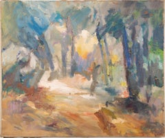 Antique American School Abstract Expressionist Forest Interior Oil Painting